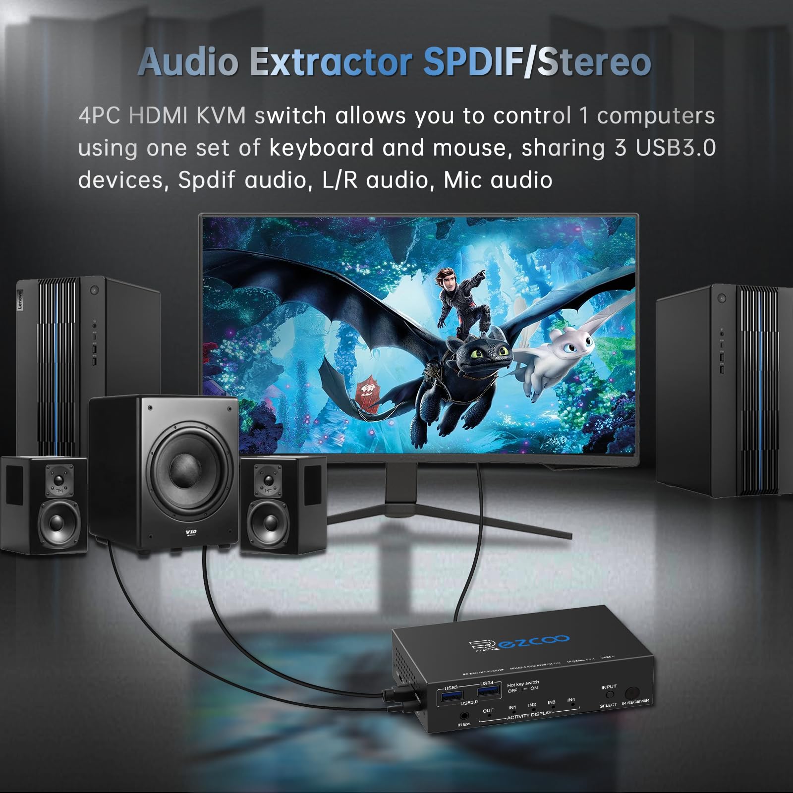 KVM Switch HDMI USB 3.0 4 Ports with Hotkey 4K 60Hz 18Gbps Share 4 Computers with one Keyboard Mous HDR D-olby Vision HDCP2.2 Remote Control