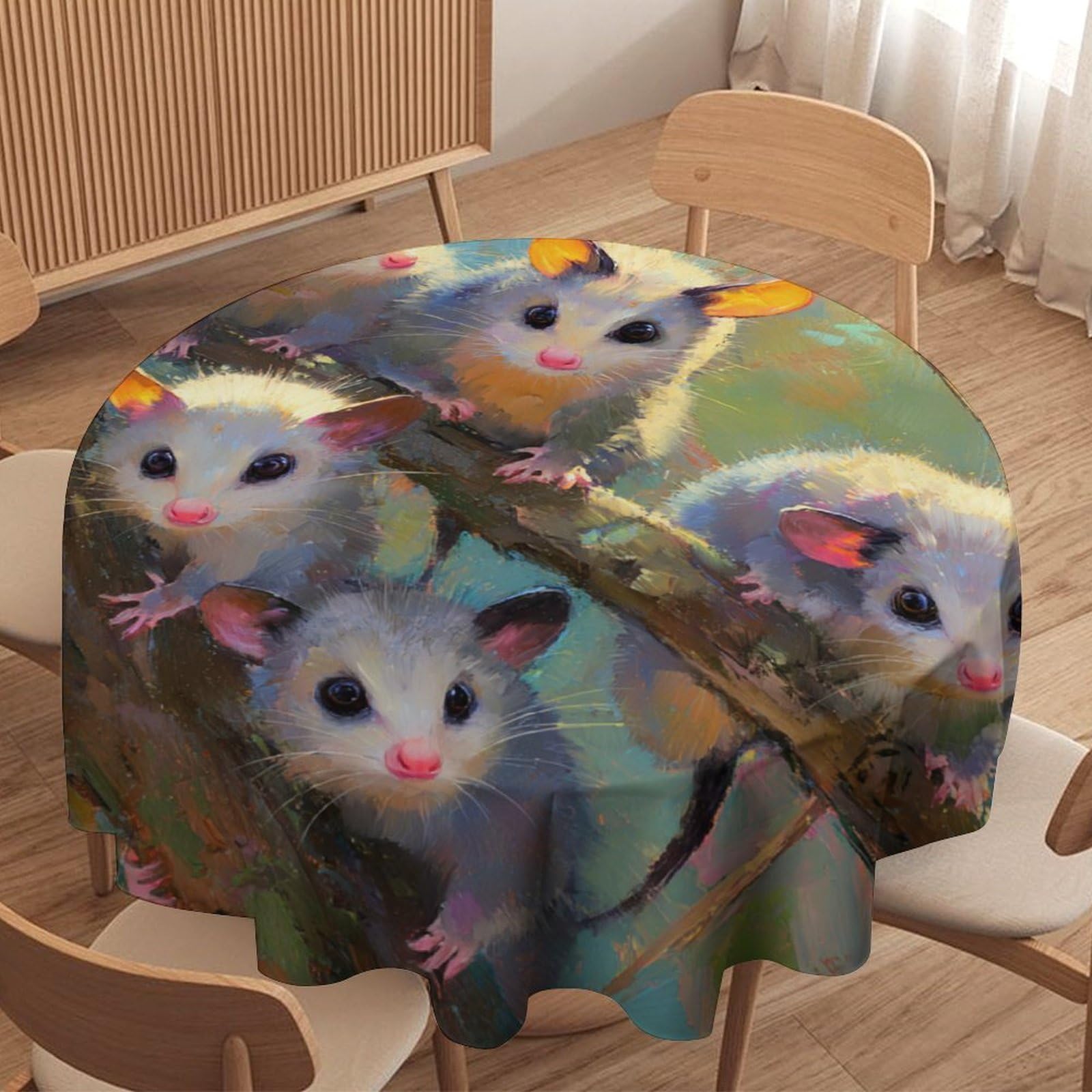 LUYYSKY Rustic Abstract Cute Possums Waterproof Round Tablecloth Colorful Realistic Plants Tree Branch Animal Possums Washable Table Cover for Kitchen-177.8" Wx177.8 L cm