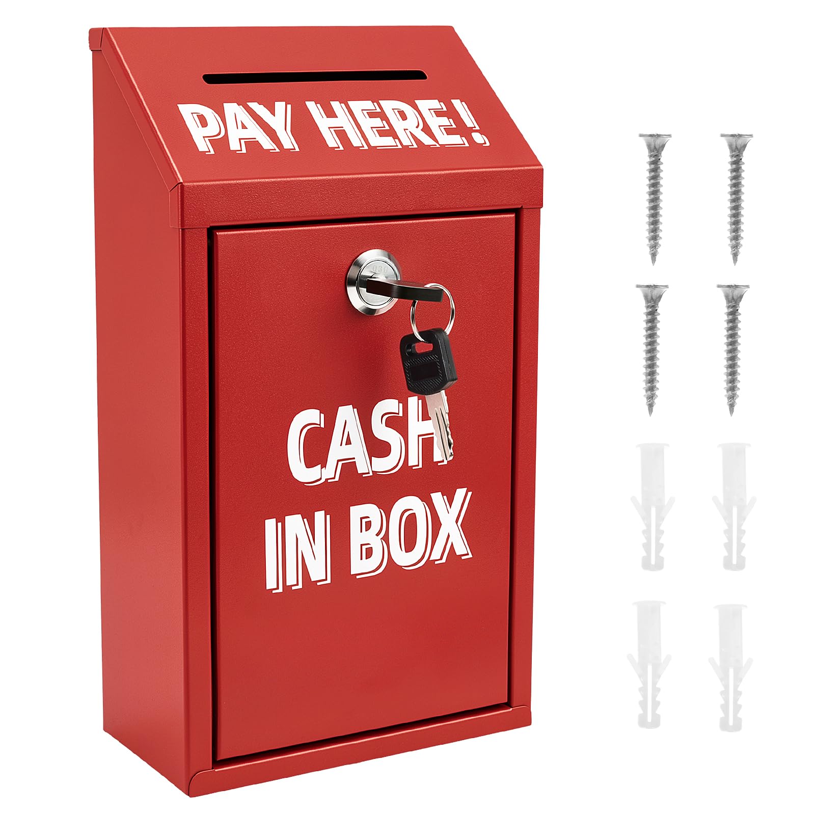 Metal Donation Box with Lock, Small Suggestion & Ballot Box for Charity Collection, Countertop Wall Mounted Secure Money Key Cash Drop Boxes for Home, Office, Church(Red)