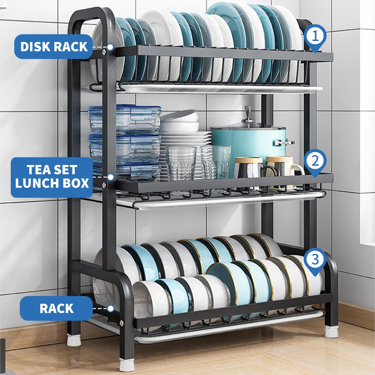 Scolapiatti nero a 3 livelli con vassoio raccogligocce 63 * 27 * 14 cm, porta posate/tagliere da posizionare sopra il lavello, scaffale portaoggetti per piatti in acciaio inox con 4 ganci