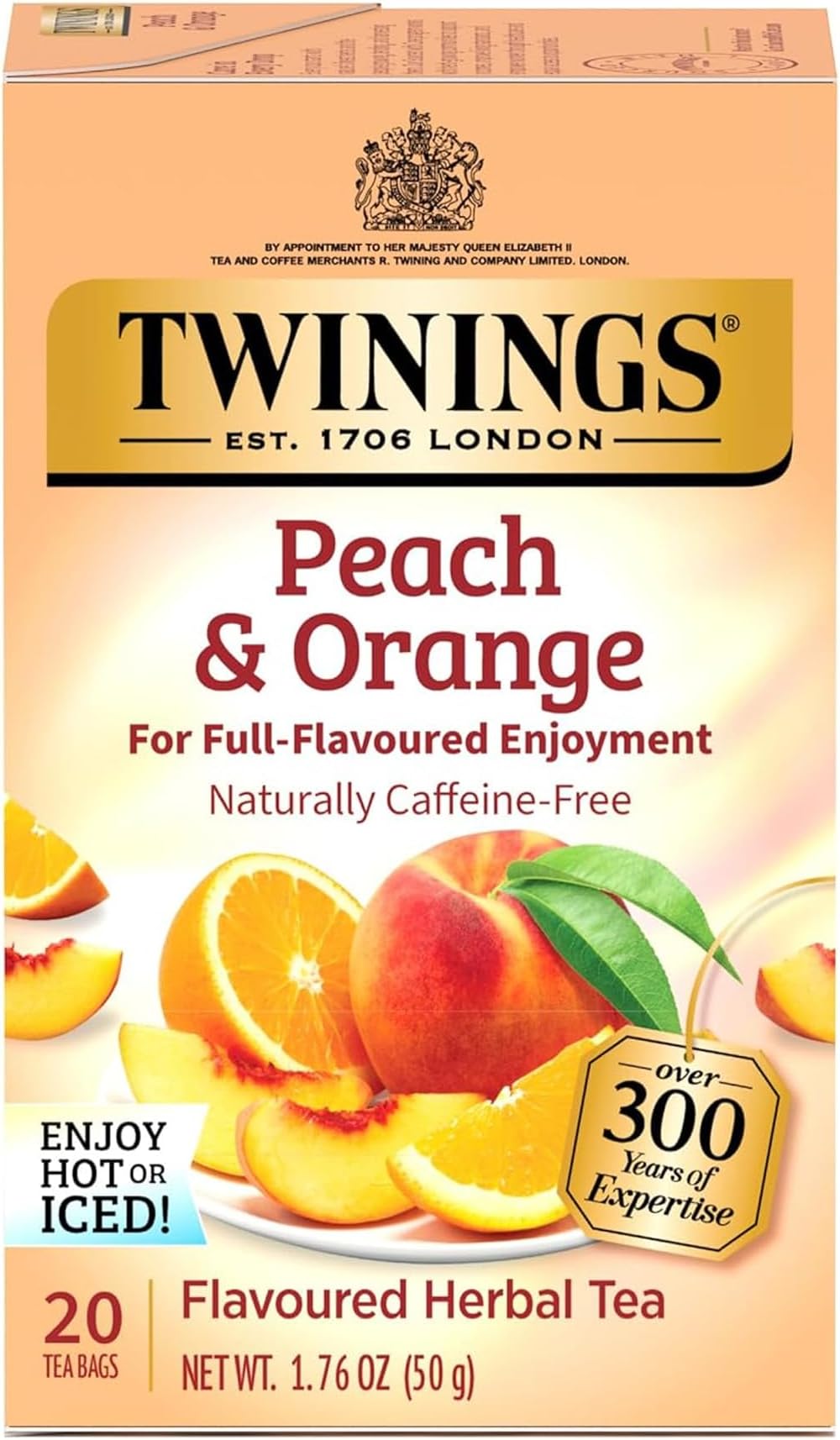 Twinings Peach & Orange Herbal Tea Individually Wrapped Bags, 20 Count (Pack of 1), Juicy & Fruity, Naturally Caffeine-Free, Enjoy Hot or Iced, 20 Teabags