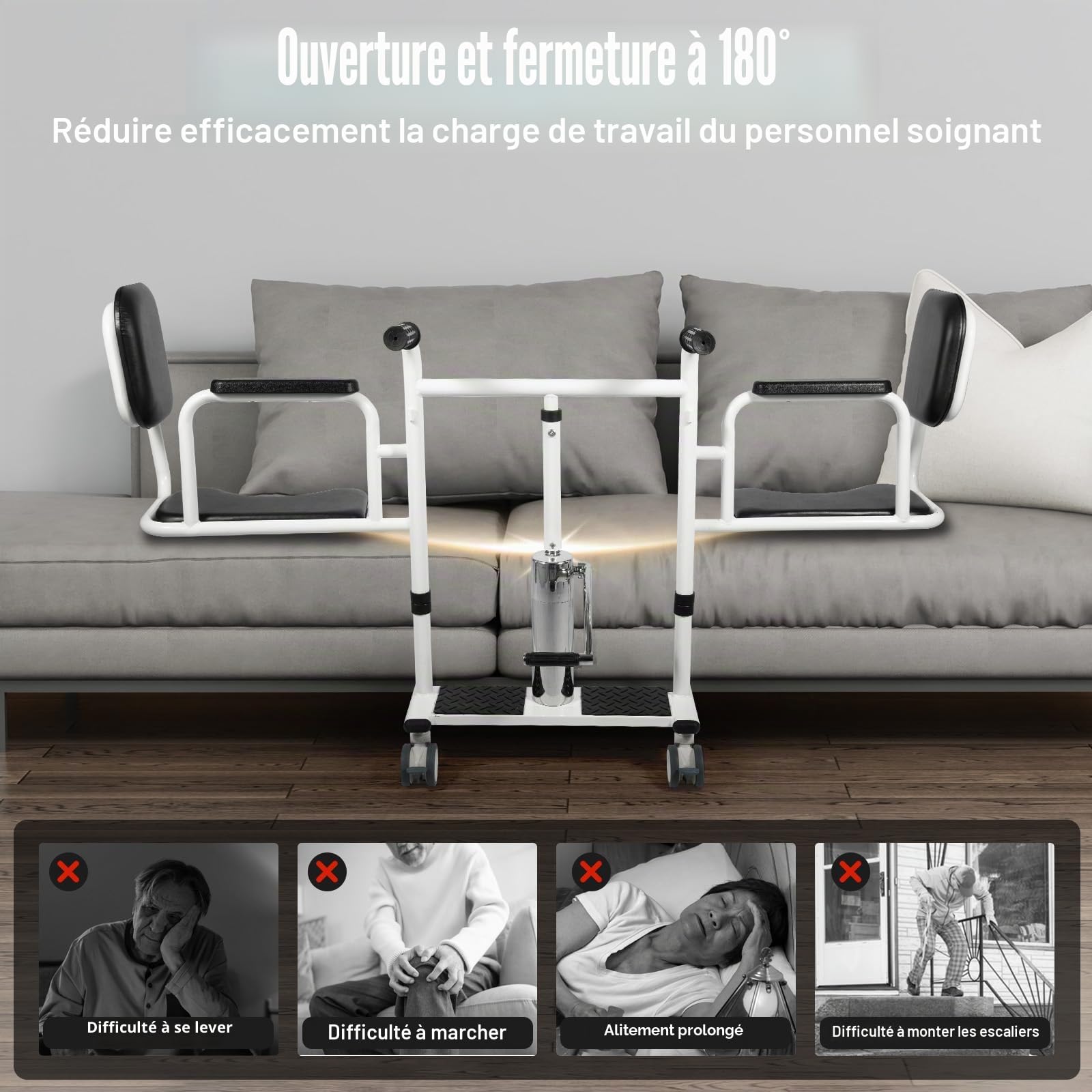 Chaise De Transfert Hydraulique Pour Patients, RéGlable En Hauteur Avec Plateau De Table, Rulettes Verrouillables Et SièGe Divisé à 180 °, Chaise De Douche Pour Personnes âGéEs Et Handicapées (Noir)