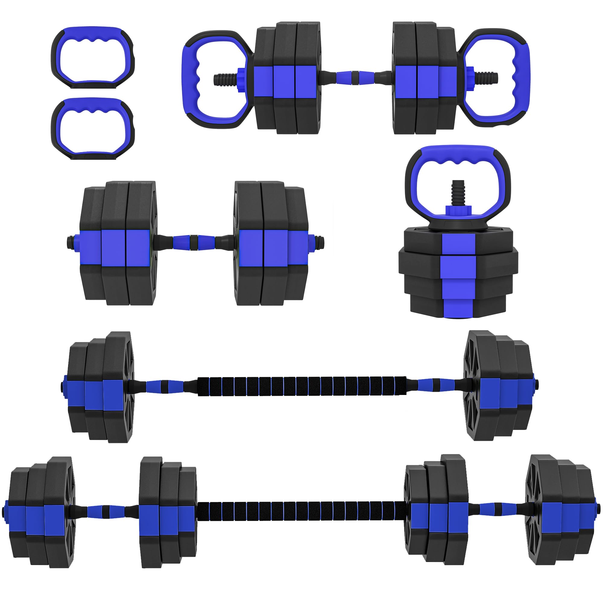 SPORTNOW Ensemble d'Haltères Musculation 6-en-1 Haltères Réglables 20/25/30 kg Antidérapantes, Kettlebell, Barre de Musculation ou Support pour Pompes pour Fitness à Domicile, Bleu et Noir
