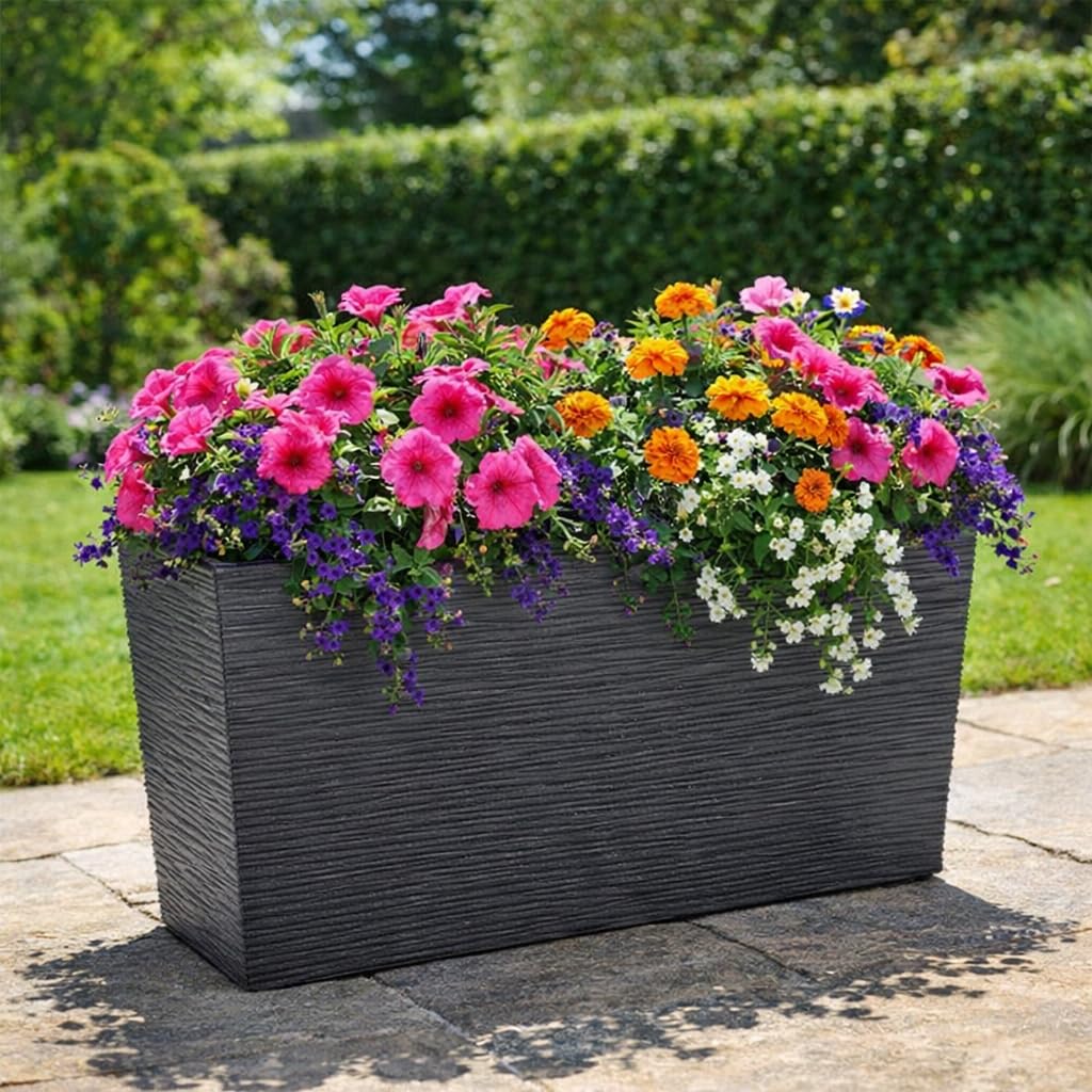 GORDANLUK Tall Rectangular Textured Planter with Removable Liner – 56cm Long Trough Planter for Indoor & Outdoor Use | Large Window Box Planter | Self Watering | UV-Resistant Polypropylene (Grey)
