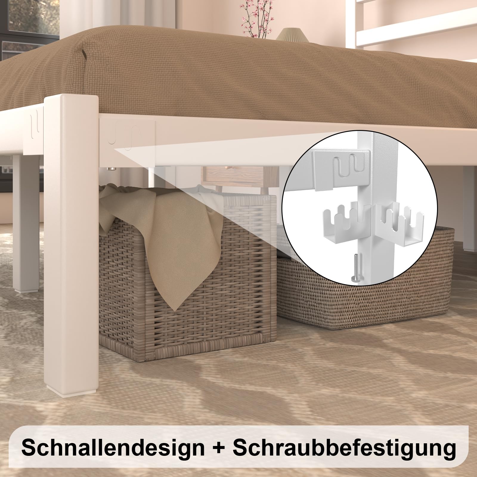 E-Motie Bett 90×200, Metallbettgestell 90 × 200 cm mit Kopfteil, Stauraum unter dem Bett, Modernes Jugendbett mit Lattenrost, Einfache Montage, Weiß