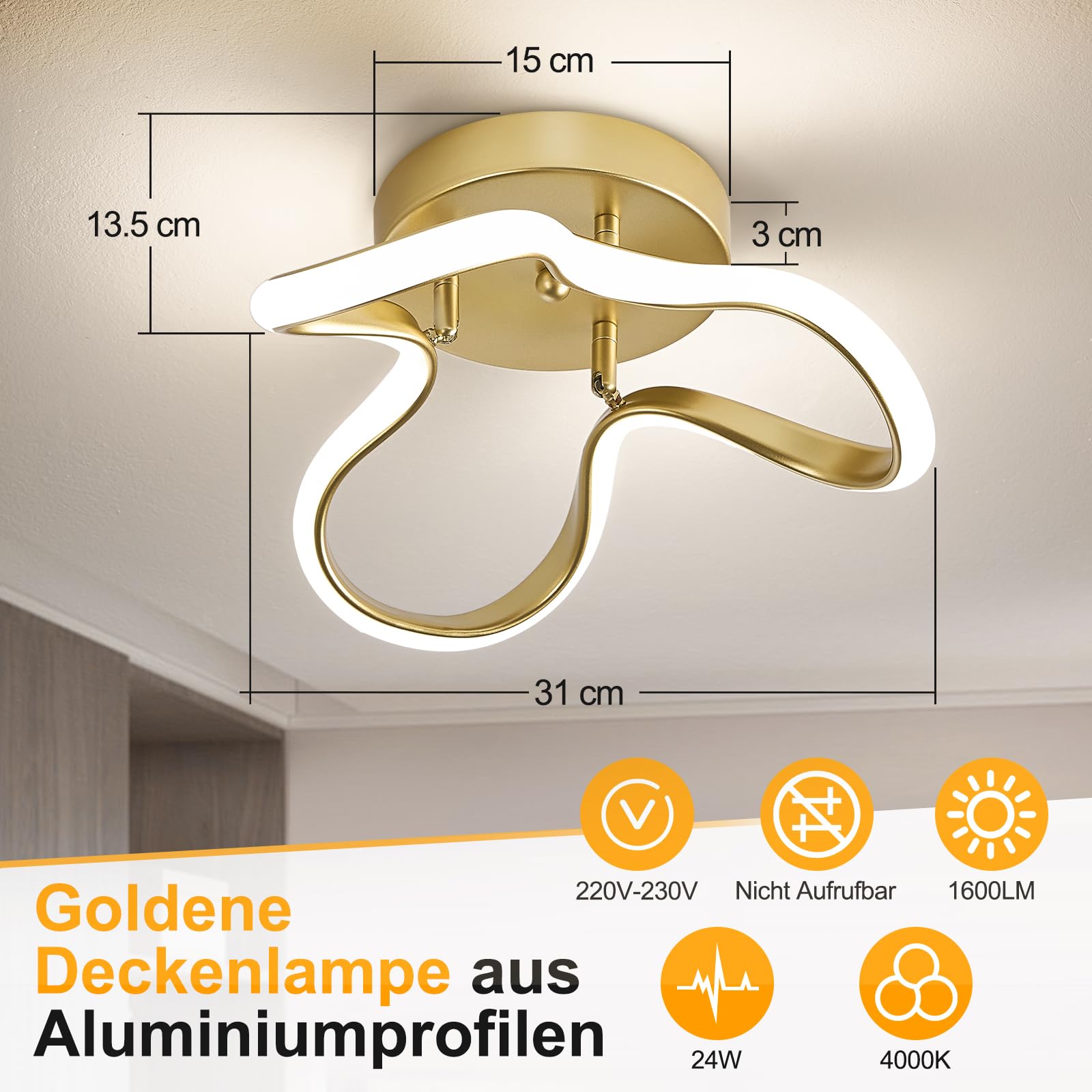 WOKNOS LED Deckenlampe 24W, 4000K Neutralweiß, 31cm Moderne Gold Aluminium Deckenleuchte,CE-zertifiziert, für Schlafzimmer, Wohnzimmer, Flur, Küche, Waschküche