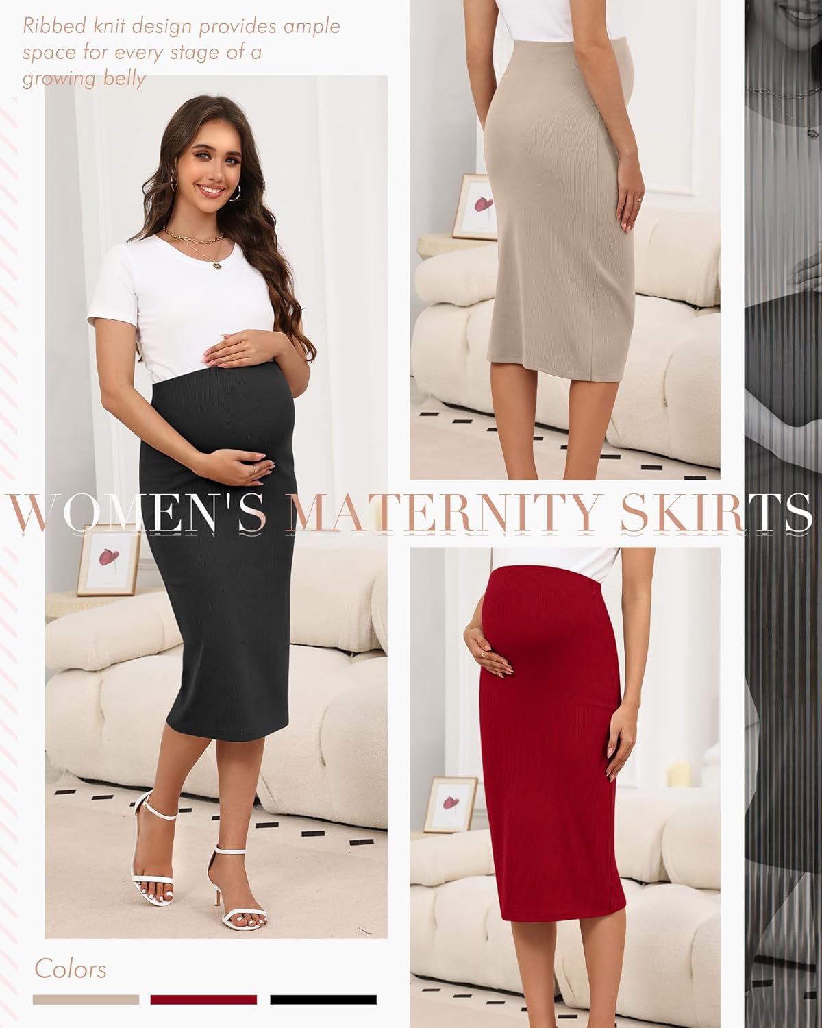 3 Pack Women's Maternity Skirts, Over The Belly Thermal Midi Ribbed Pregnancy High Waisted Stretchy Pencil Skirts - Image 6
