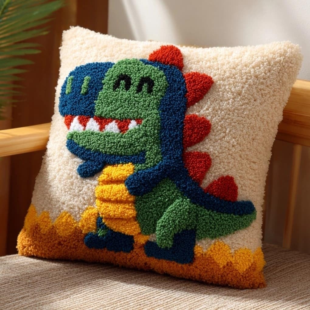 WallustrioaW Latch Hook Pillow Kit -Cartoon Dinosaur 43X43Cm Embroidery Art Craft Kit All Ages Unisex
