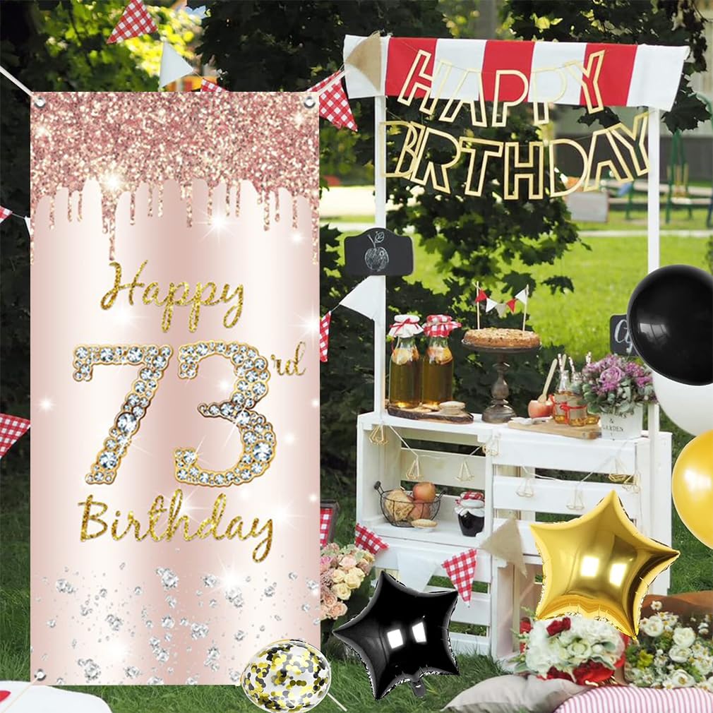 73. urodziny dekoracja damska, Happy 73rd Birthday Door Banner różowe złoto, 73. urodziny tkanina tabliczka plakat dekoracja drzwi, 73. urodziny tło baner damski, przyjęcie urodzinowe tabliczka