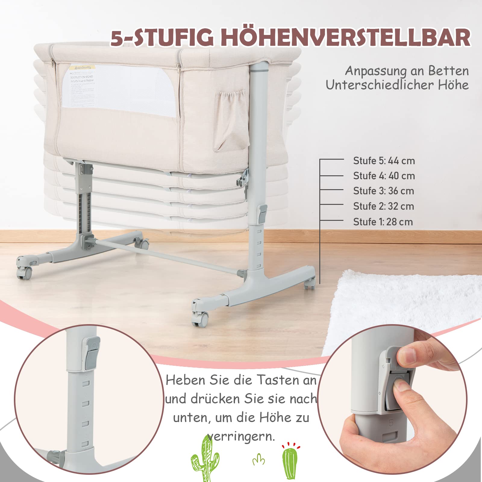 COSTWAY 3 in 1 Beistellbett & Babywiege & Reisebett, 5-stufig Höhenverstellbares Babybett, neigbar, Kinderbett inkl. Matratze, Tragetasche, Stubenwagen für Babys bis 9kg belastbar (Beige)
