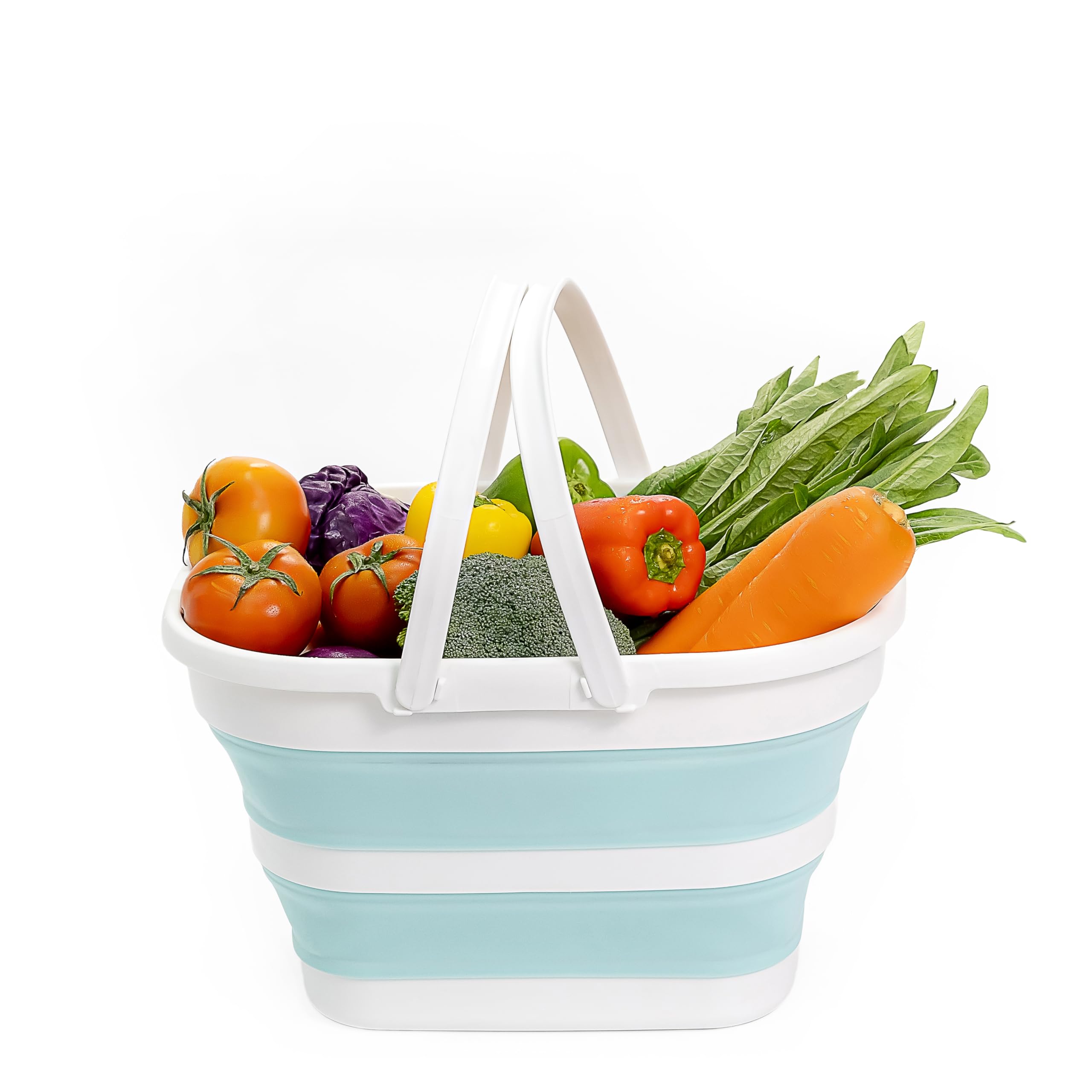 SAMMART Panier pliable avec poignée de 17 l - Panier de pique-nique d'extérieur portable / cratère - Sac de courses pliable - Récipient de rangement peu encombrant (blanc/vert lac, 1)