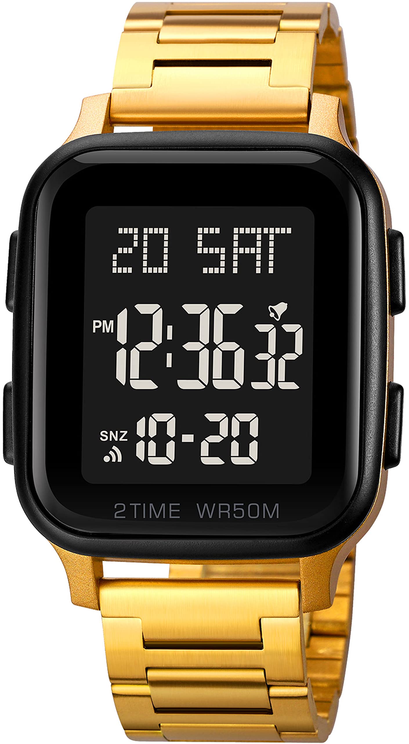 Orologio digitale da uomo in acciaio inox, digitale, 5 ATM, impermeabile, multifunzione, digitale, con sveglia, cronometro, calendario, LED, doppio tempo, cassa quadrata