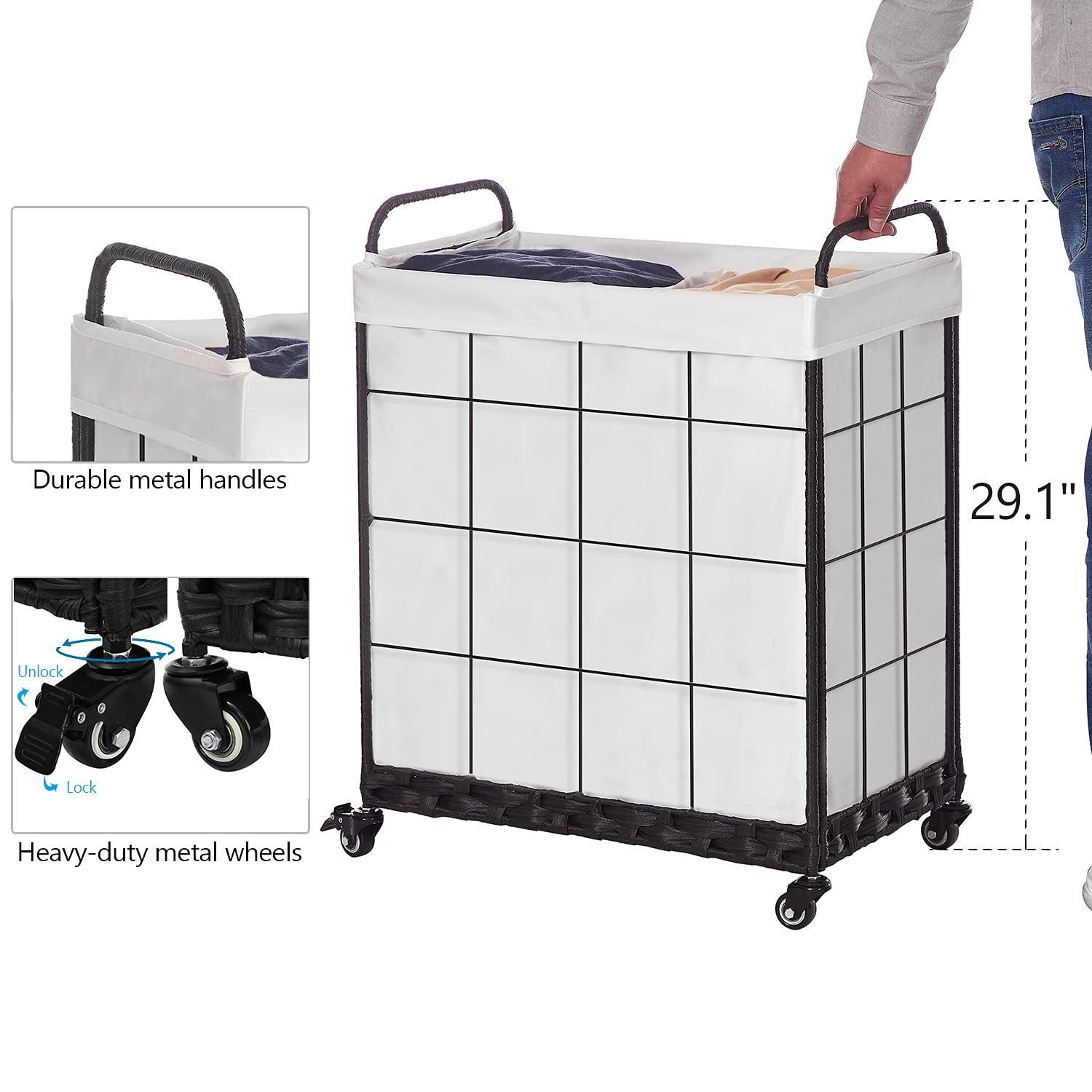 Laundry Hamper with Divided Liner Bag; Collapsible Laundry Basket with Rolling Lockable Wheels; Clothes Hamper with Metal Handle; Laundry Sorter with Removable Liner Bag (White)