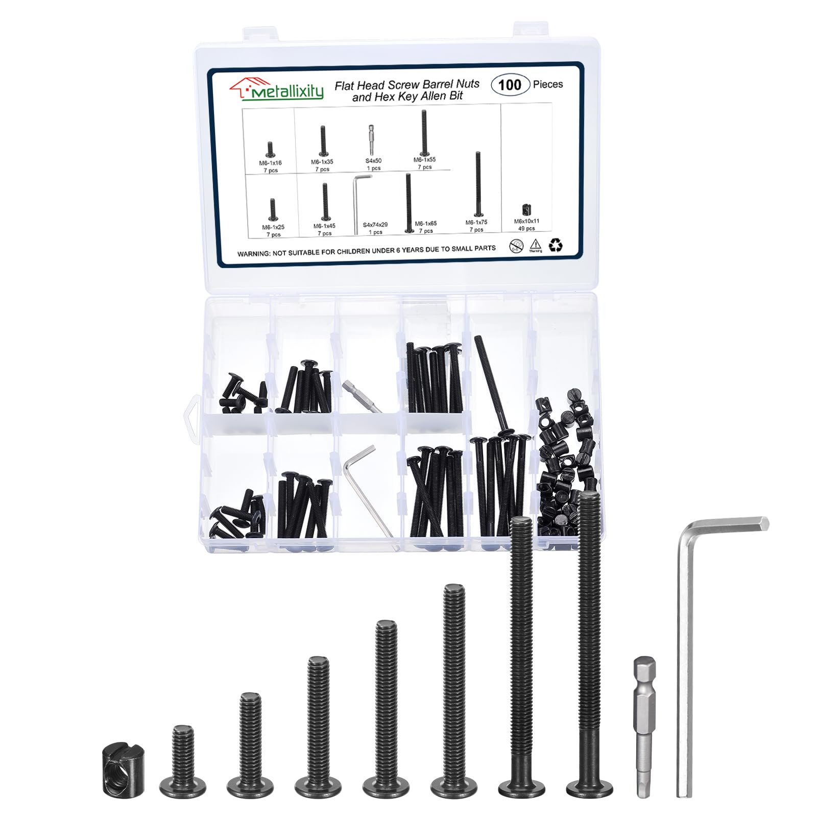 METALLIXITY Crib Screws Replacement Set(M6-1x16/25/35/45/55/65/75mm) 100Pcs