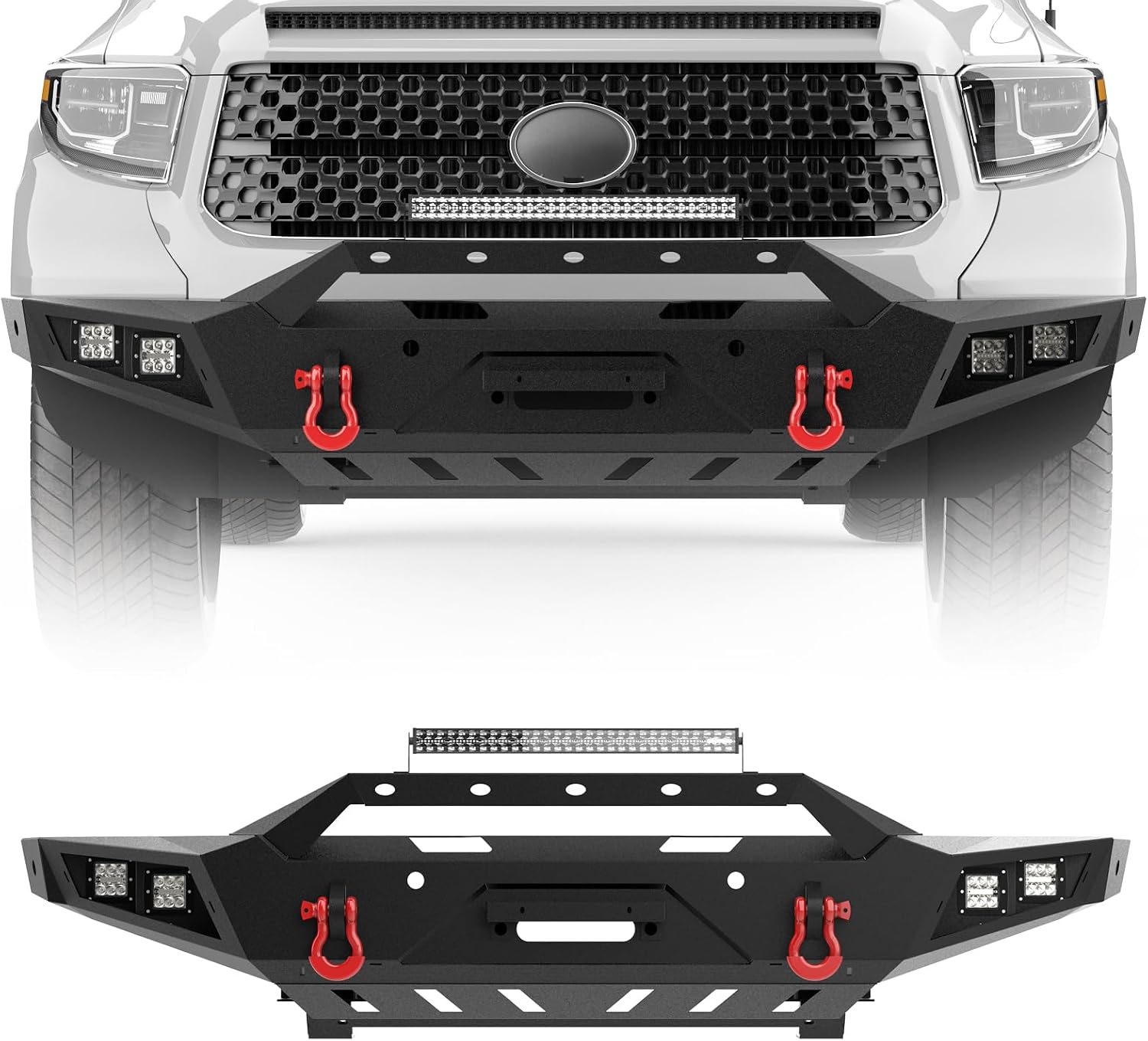 Front Bumper Full Width Steel Compatible for 2014 2015 2016 2017 2018 2019 2020 2021 Toyota Tundra, Heavy Duty Steel Bumper w/Winch Plate&139W Light Bar&2 x 39W LED Lights&License Plate Frame&D-rings