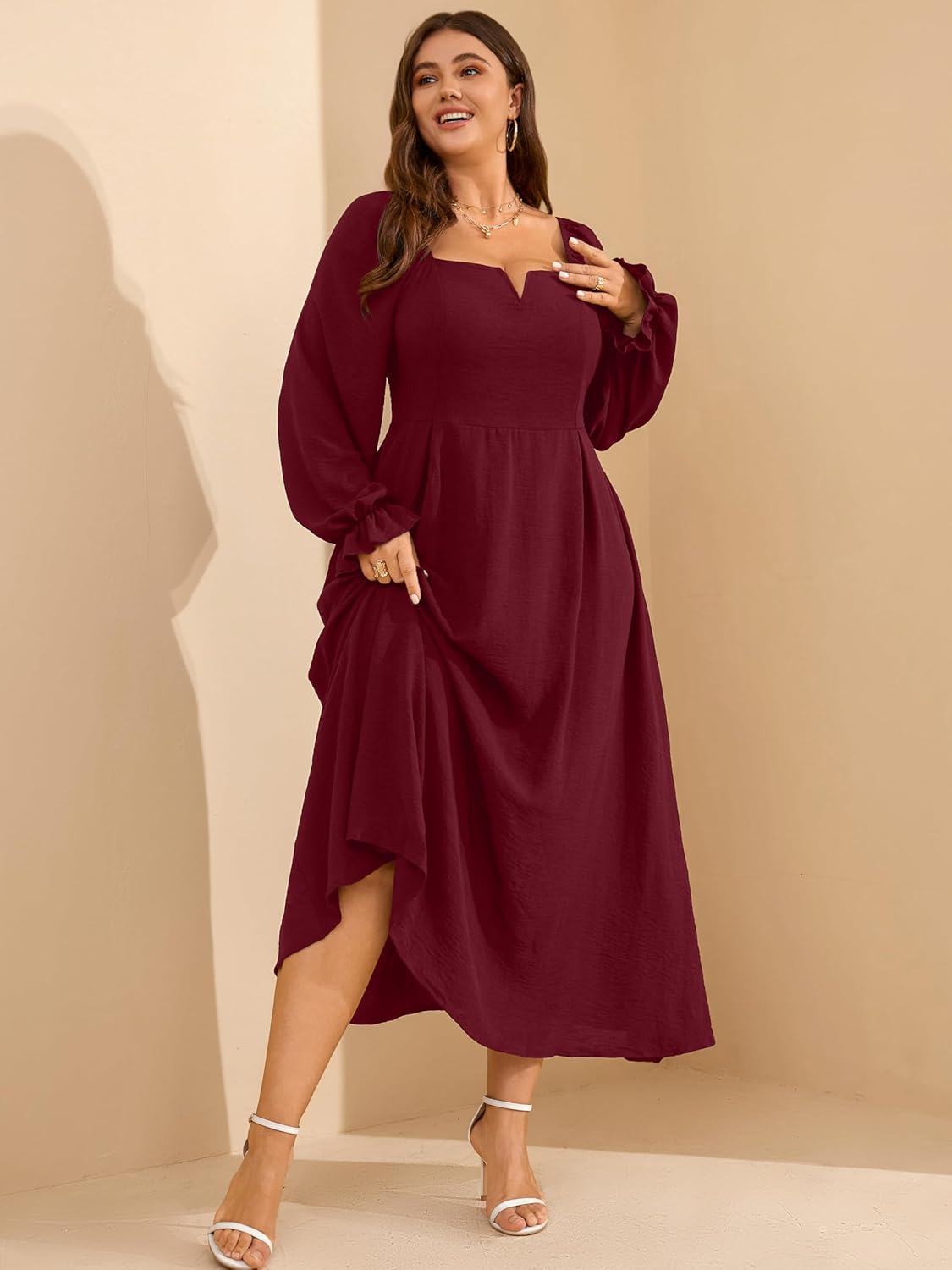 RWJ Long Sleeve Dress for Women 2025 Fall V Neck Elegant Flowy Plus Size Formal Wedding Guest Maxi Dresses with Pockets - Image 5