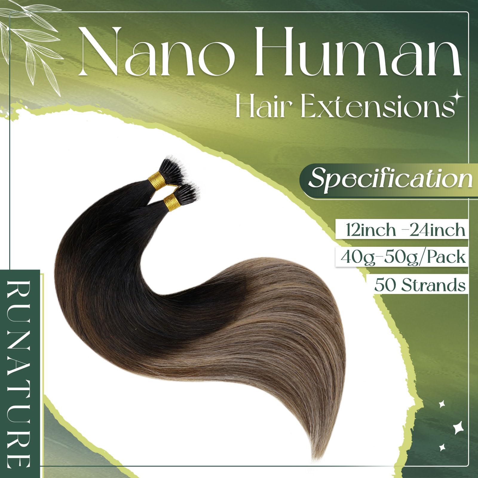 RUNATURE 18 Inch Nano Hair Extensions in a Black Balayage Brown Ombre blend, showcasing the natural human hair texture.