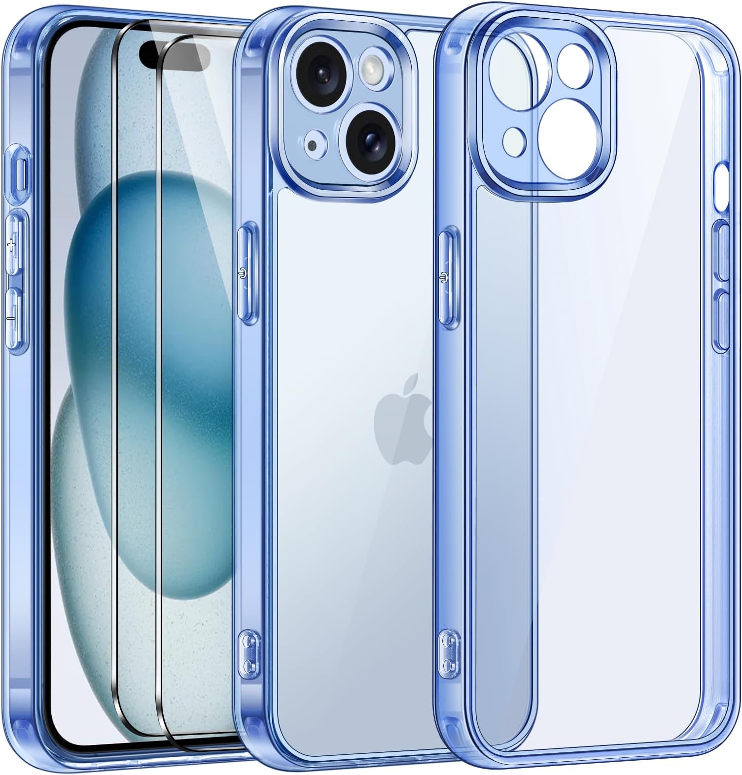 ivoler Clear Case compatible with phone 15 6.1" [Long Lasting Clarity] [Military Grade Drop Protection], 1 Phone Case + 2 Glass Screen Protector, Shockproof Protective Hard Back Slim Cover - Blue