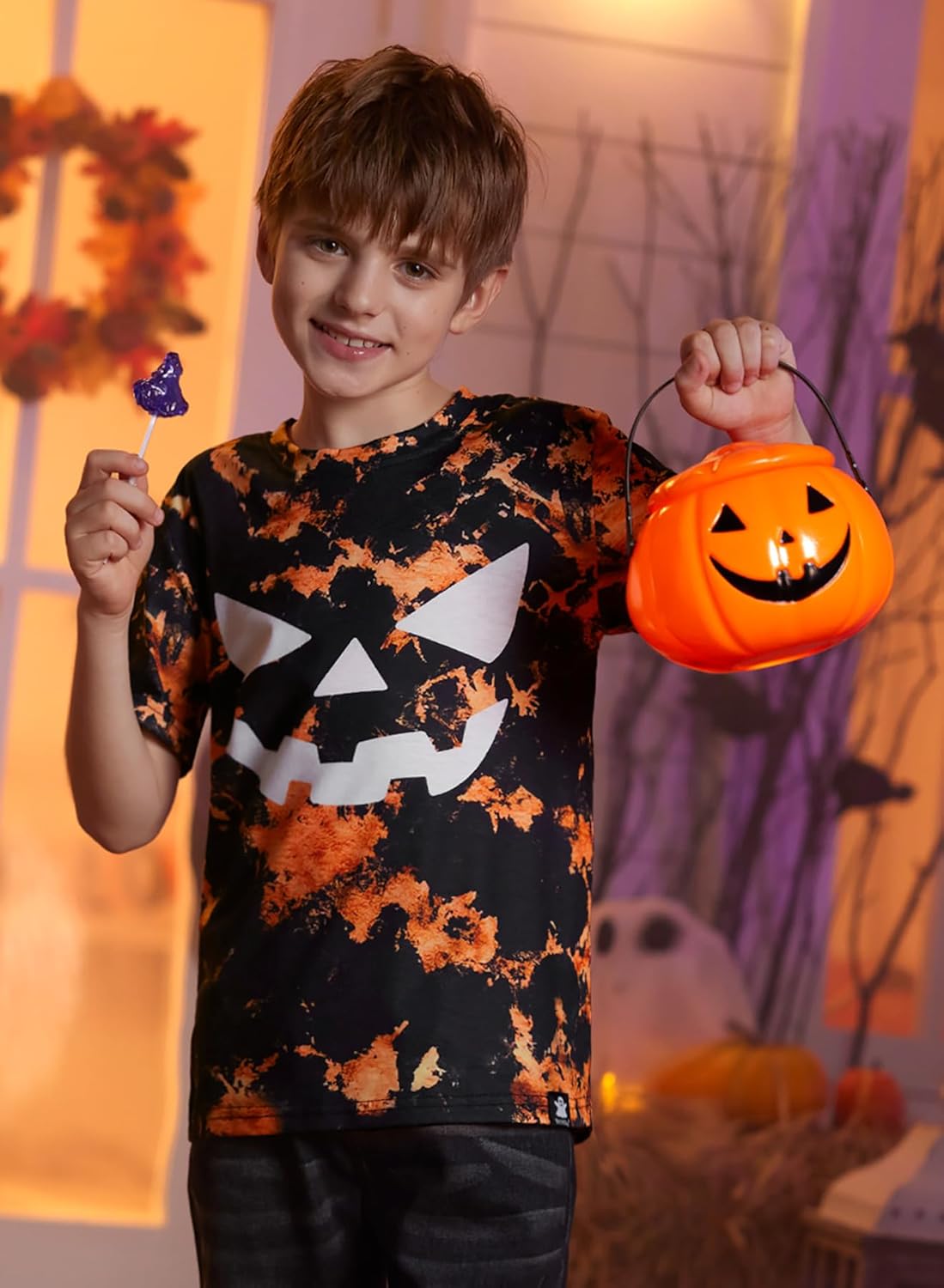 Halloween Kid Boys Tie Dye Orange Pumpkin Face Jack O' Lantern Shirt Short Sleeve Funny Top 8 Years - Image 5
