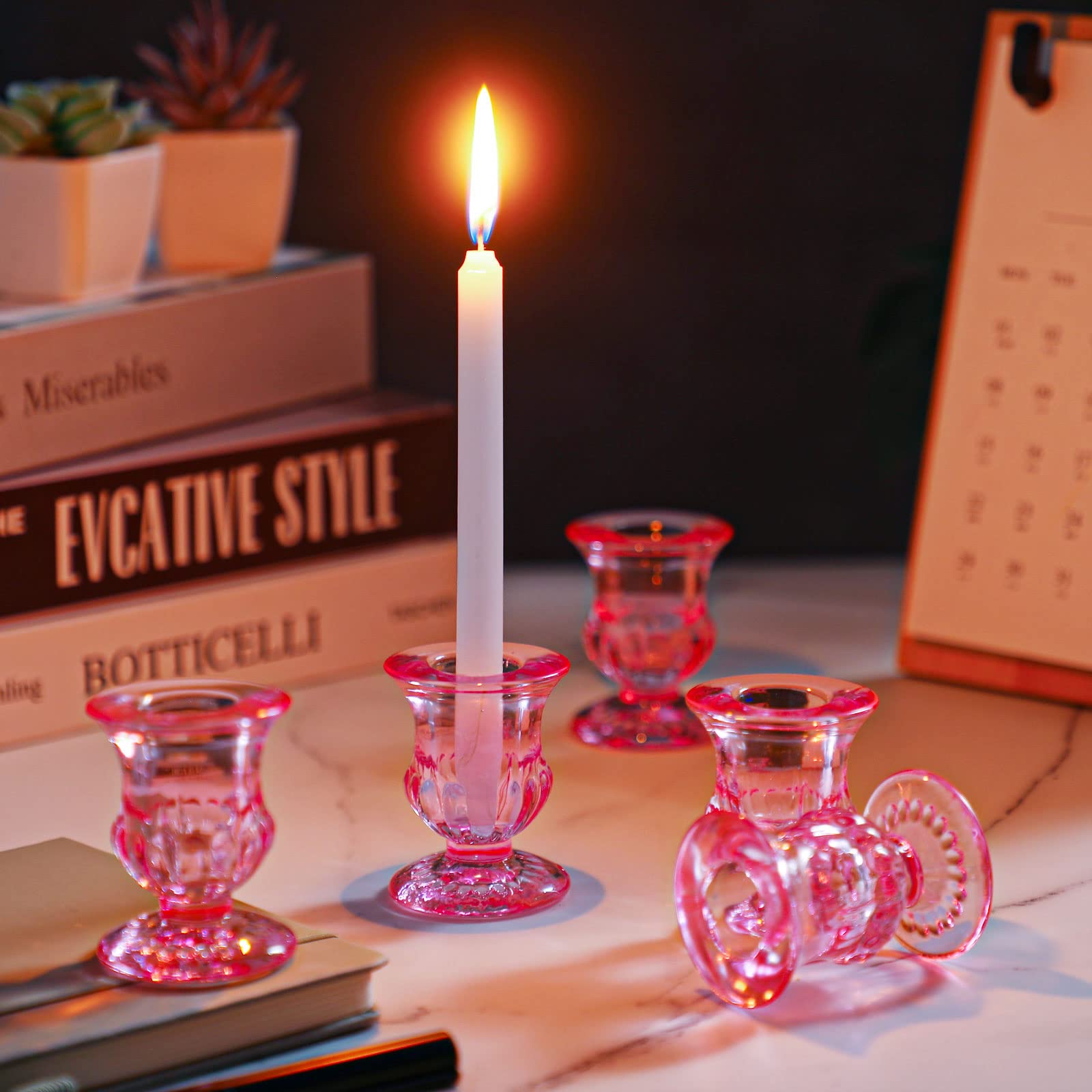 Foaincore 36 Pcs Taper Candle Holders Bulk 2.5 Inch Candlestick Holder Candle Holder Small Candlestick Holder Thicker Glass Candle Sticks Set for Wedding Christmas Party Table Centerpiece(Pink)