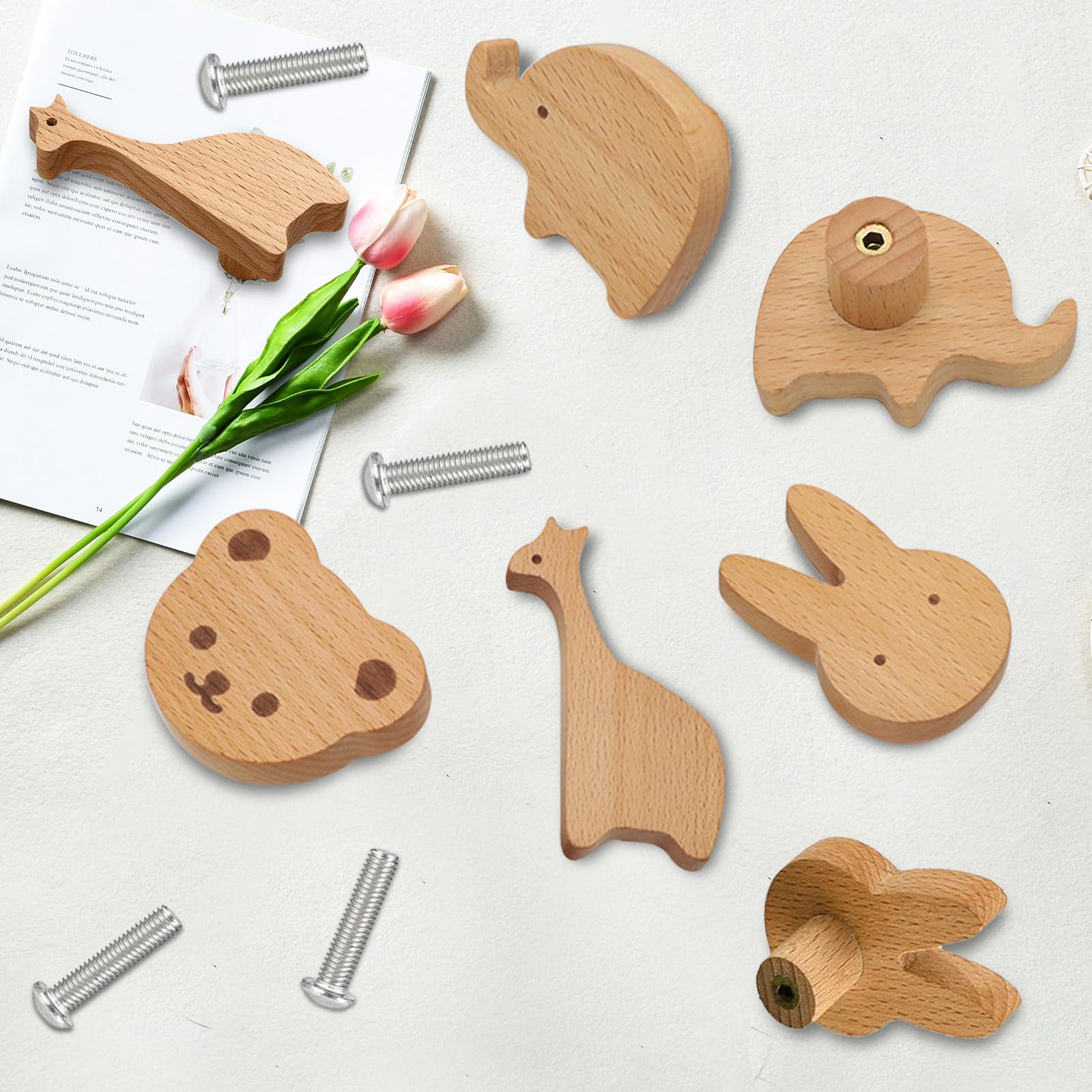 Pomelli per Mobili Bambini, 4 pezzi Pomelli in Legno con motivi animali, Pomelli per Mobili in Legno con Viti, Pomelli per Mobili Bambini Animali, Maniglie Armadio Cameretta, Mobili, Cassetti