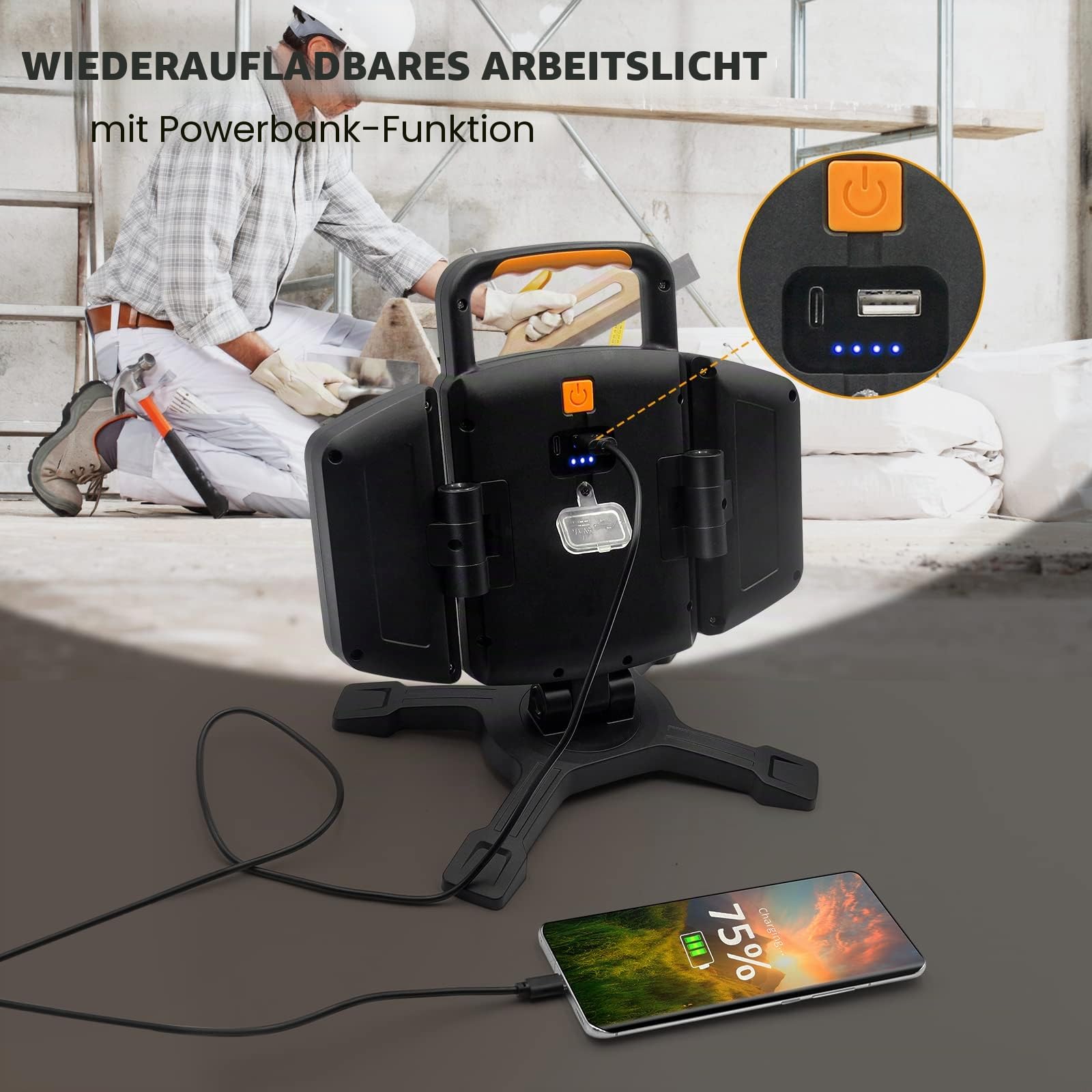 SYLSTAR LED Strahler Akku 30W, 3000LM Super Hell Baustrahler mit Magnet, 5 Lichtmodi und Powerbank, Drehbare Tragbare Wasserdichte Wiederaufladbare Arbeitsleuchte für Garage, Werkstatt