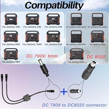 DC 8mm Y Parallel Adapter Cable, DC 7909 Connector to 8mm Parallel Adapter Cable for Solar Panel Reverse Current Protection Charge Solar Generator
