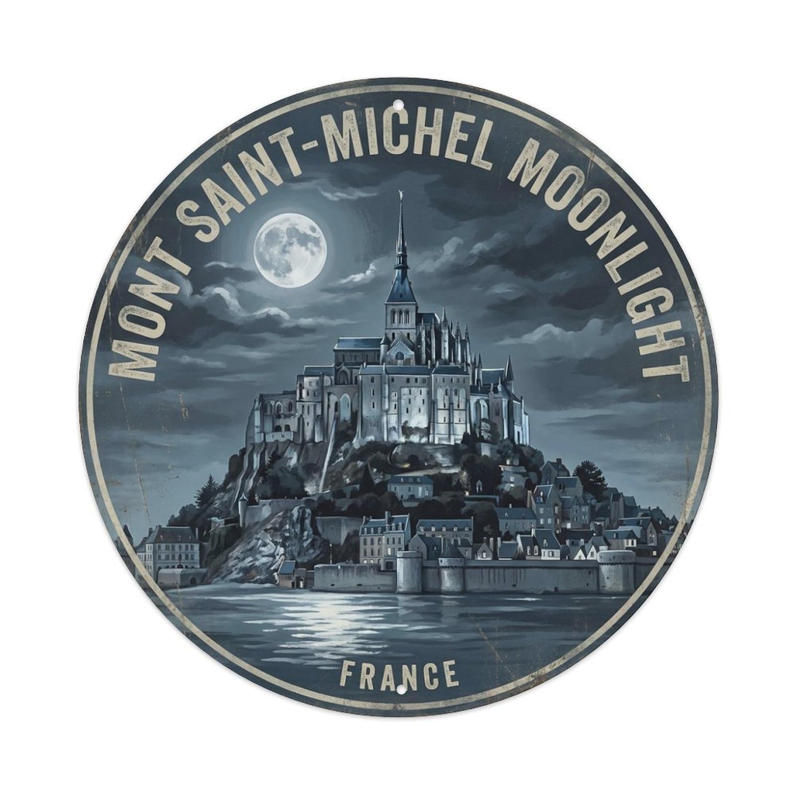 Retro Moonlight France Mont Saint Michel Scenic Travel Metal Tin Sign