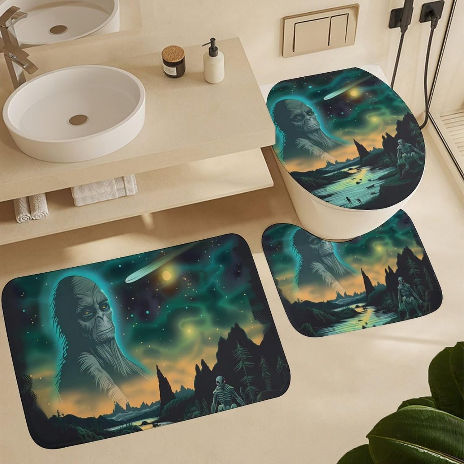 Aliens Bathroom Sets with Shower Curtain and Rugs 4 Piece with U-Shaped Floor Mat Toilet Lid Cover