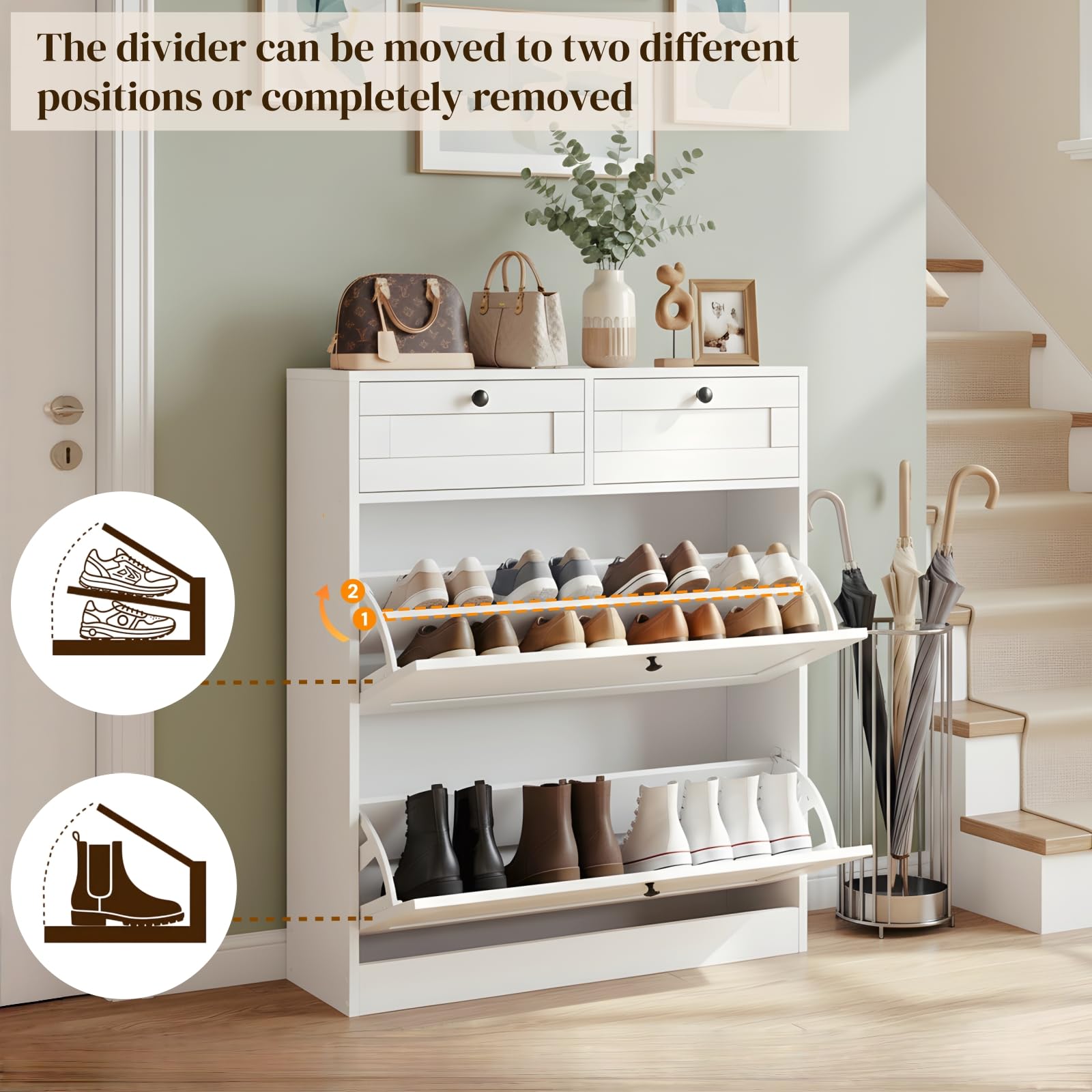 2er-Set Schuhschrank Schmal, Schuhkipper Weiss Schmal mit 2 Klappen & 2 Schubladen, Schuhregal Weiß mit verstellbaren Trennwände, Schuhkommode für Flur Eingang und Wohnzimmer, 80x24x100 cm