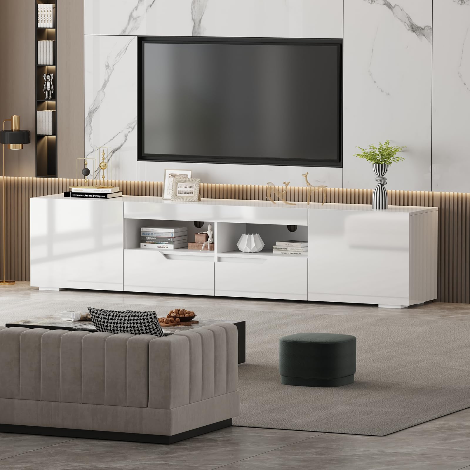 Hochglanz TV-Schrank, TV Lowboard mit Doppel-Schublade und 16 LED Farben Beleuchtung, Fernsehtisch für 65–85 Zoll Fernseher, Griffloses TV Möbel Schränken Für Wohnzimmer Schlafzimmer (Weiß)