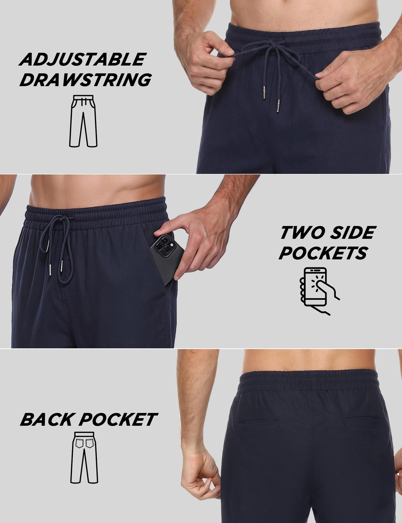 Sykooria Pantalones Hombre Casuales Lino y Algodón Pantalon Chandal Hombre Largo con Ajustable Cordón Pantalones Deportivos Hombres Cintura Elástica con Bolsillos
