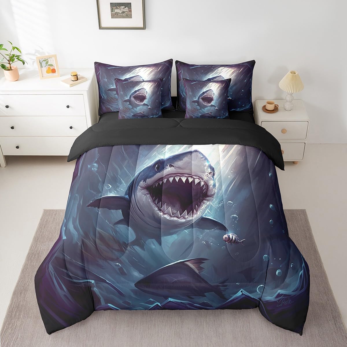 Erosebridal 7 Piece Shark Comforter Set Full Size,Shark Hunting Bedding Sets,Ocean Rodent Animals Bed in a Bag,Marine Life Hunter Sheet Set with Comforter Underwater Creature Decorfor Boys Men Adults