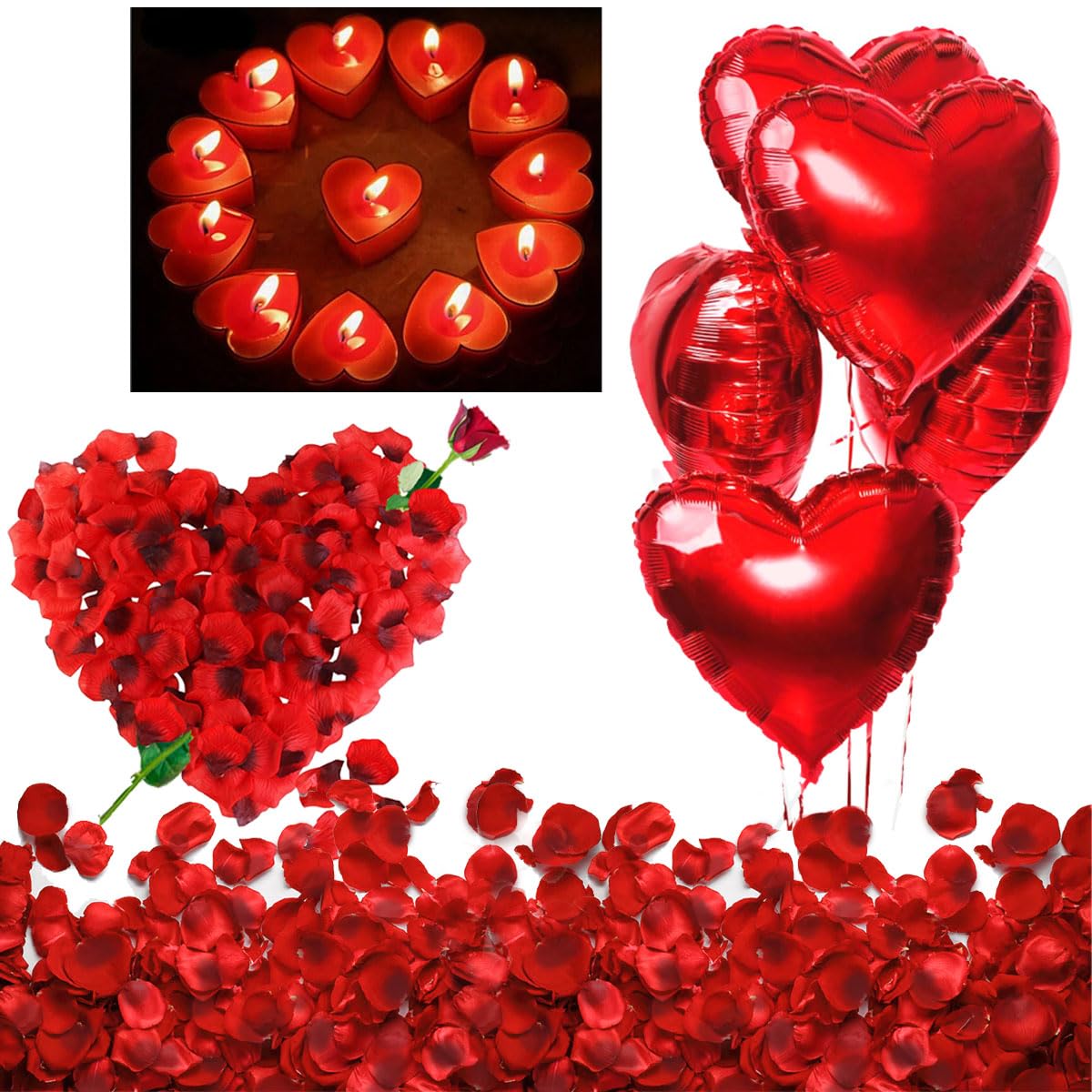Romantische Kerzen Rote Teelichter und Rosenblätter, Romantisch Deko Set, Teelichter Herzform, Seide Rote Rosenblüten, Herzförmige Folienballons
