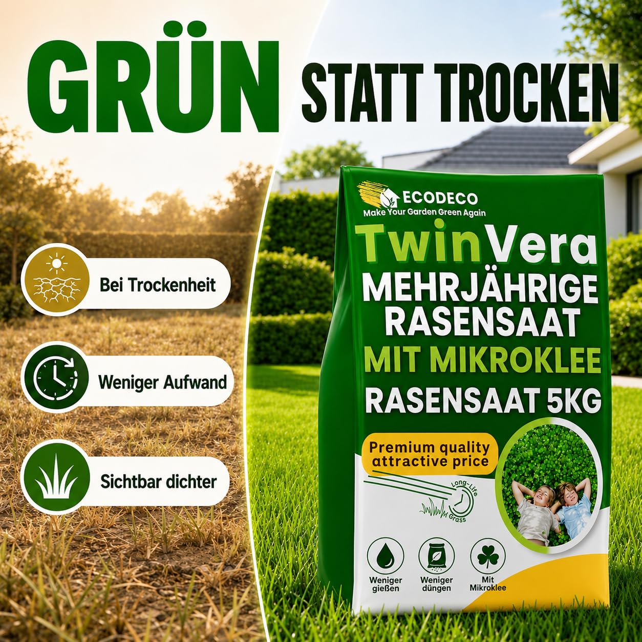 Semillas Cesped Resistente con Trebol Enano 25kg para 1000m² - Mezcla de Crecimiento Rapido y Cesped Natural - Ideal para Jardin Sombra y Sol