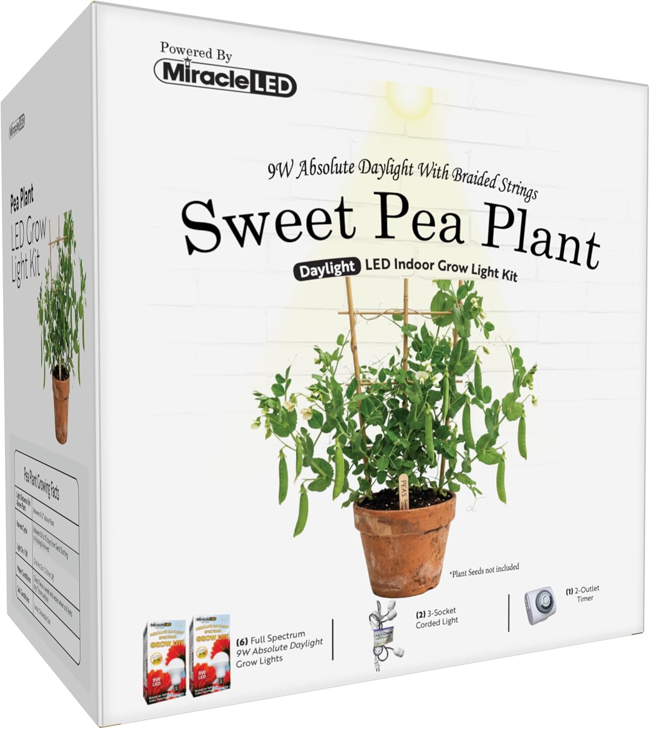 Miracle LED 9W Absolute Daylight Full Spectrum, Sweet Peas Starter Grow Light Kit (Braided 3-Socket) 2PK