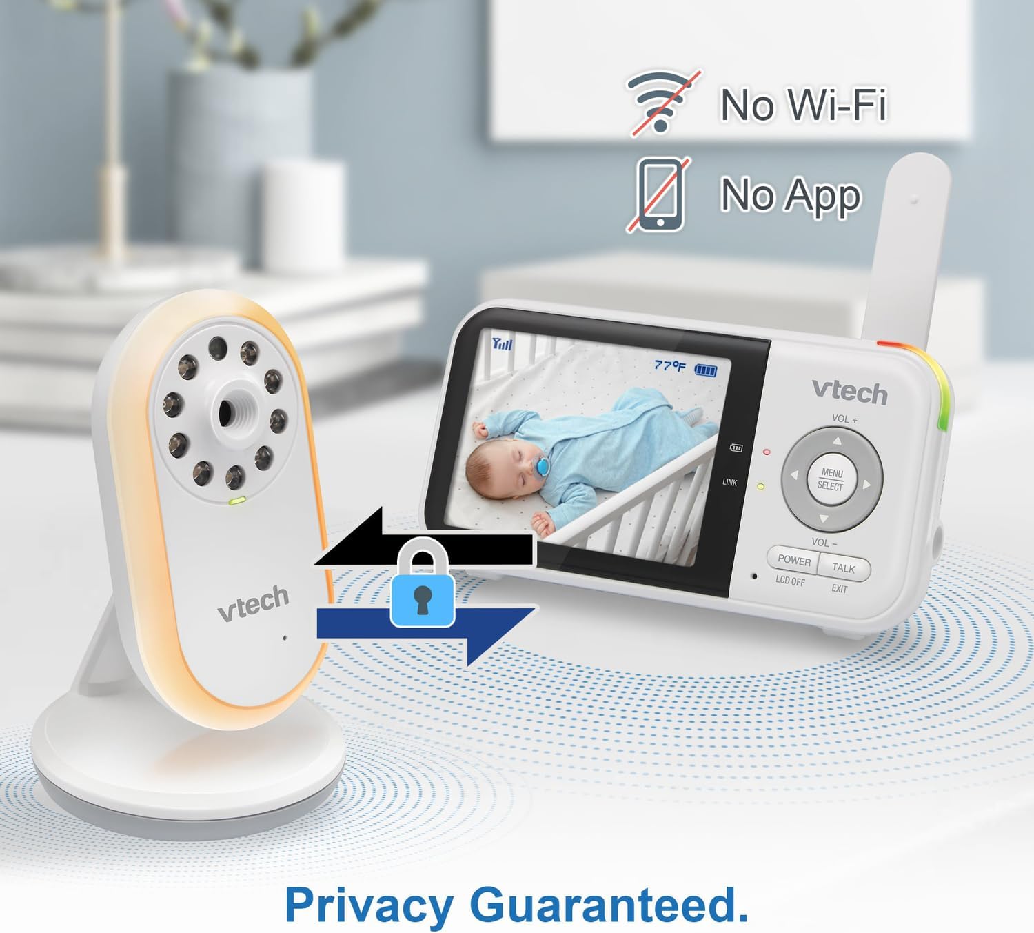 VTech baby monitor with 'No Wi-Fi' and 'No App' icons, emphasizing privacy