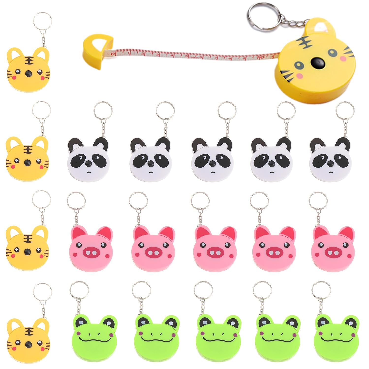 20pcs Body Measuring Soft Tape with Keyring, Kids Fabric Tape Measure, Retractable 60 Inch Animal Small Tape, for Waist, Sewing, Tailor, Craft, Travel (Yellow, White, Pink, Green)