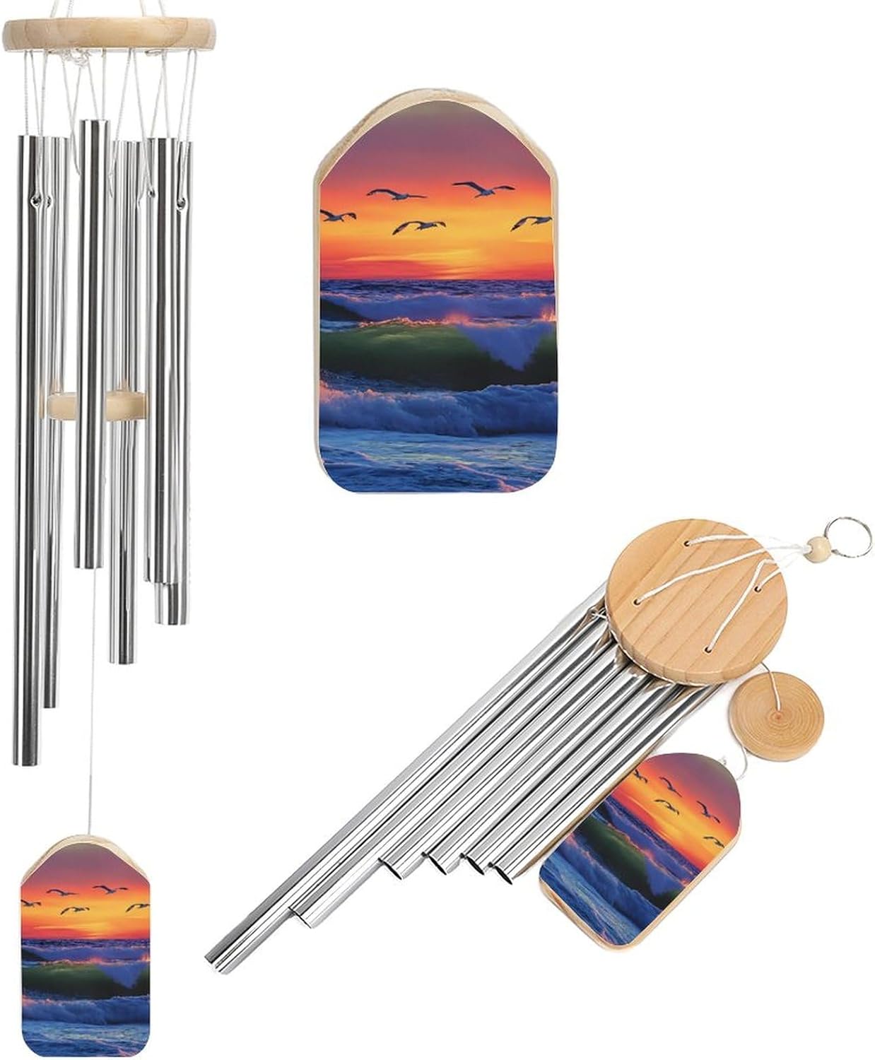 Ocean Wave Birds Sunset Memorial Wind Chimes with 6 Aluminum Tubes for Outside Deep Tone Garden Hanging Decor