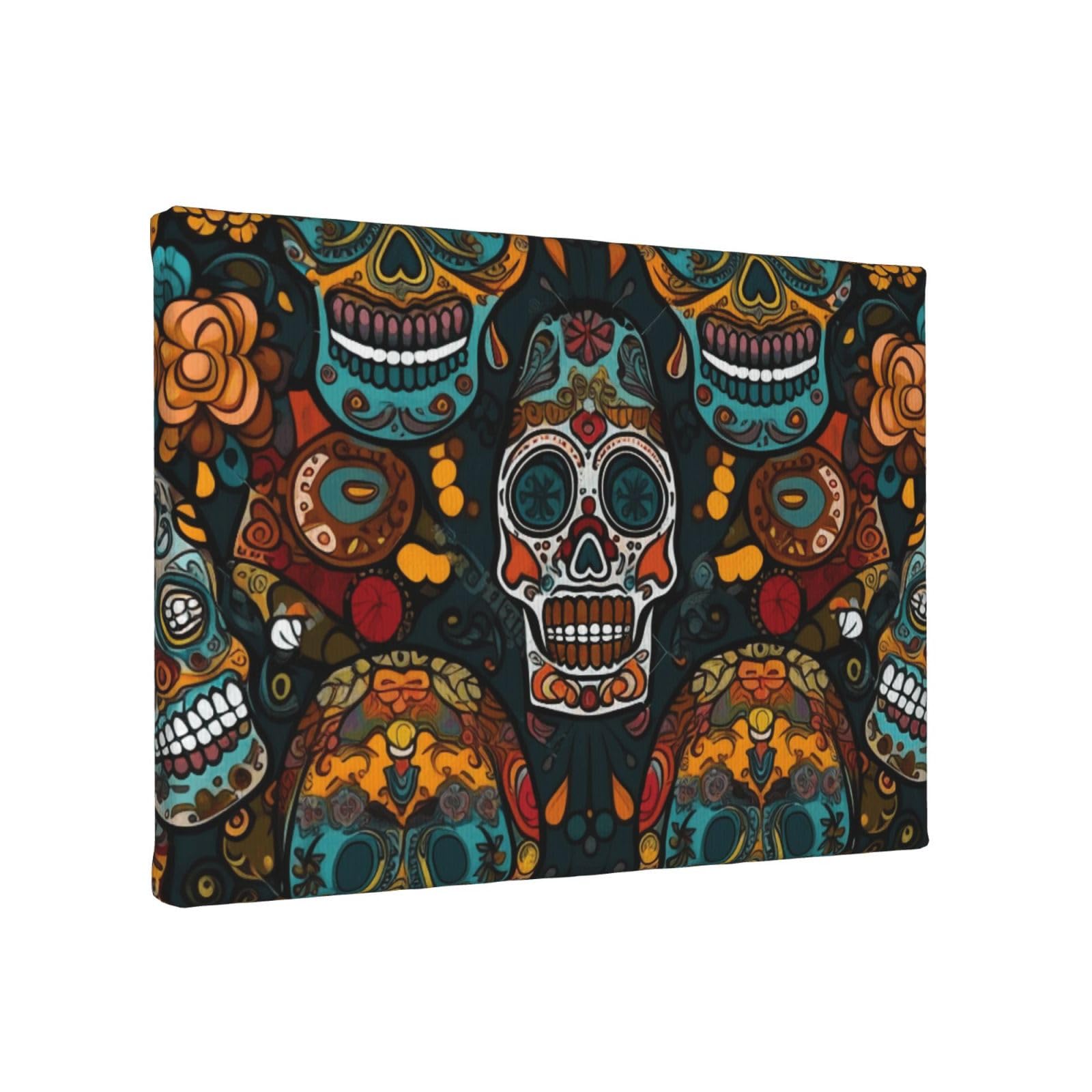 YKLJG Colorful Sugar Skulls Printed Wall Art Canvas Painting 30x20 CM Wooden Framed Picture Painting Artwork Prints for Bedroom Kitchen Home Office Decor