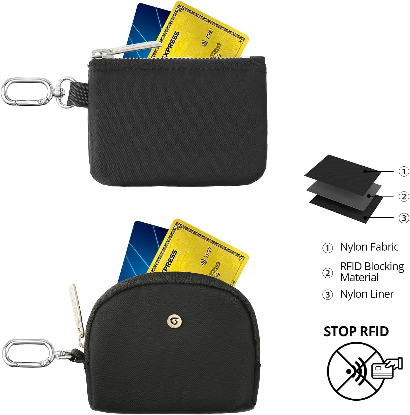 Dual Pouch Wristlet - Keychain Wallet RFID Blocking Mini Zip Around Wristlet Wallets with Detachable Strap, Mini Coin Purse For Women With Premium Zippers & Metal Buckles (Black & Silver Hardware) thumbnail