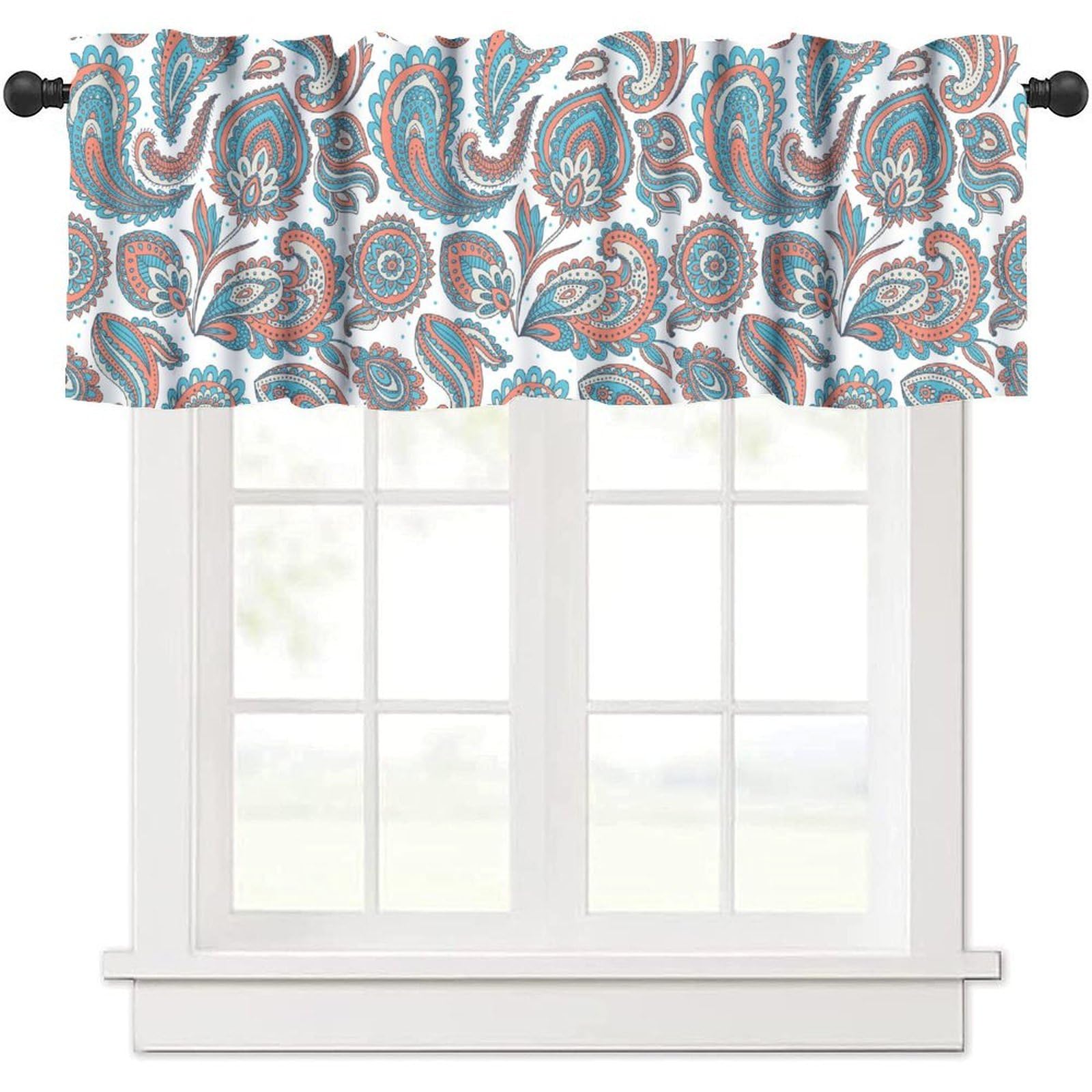moderw Vintage Paisley Window Valance Curtains Retro Boho Ethnic Floral Ornamental Flower Spring Summer Seasonal Window Treatments Curtain Valance for Farmhouse Kitchen Bedroom Living Room 54x18inch