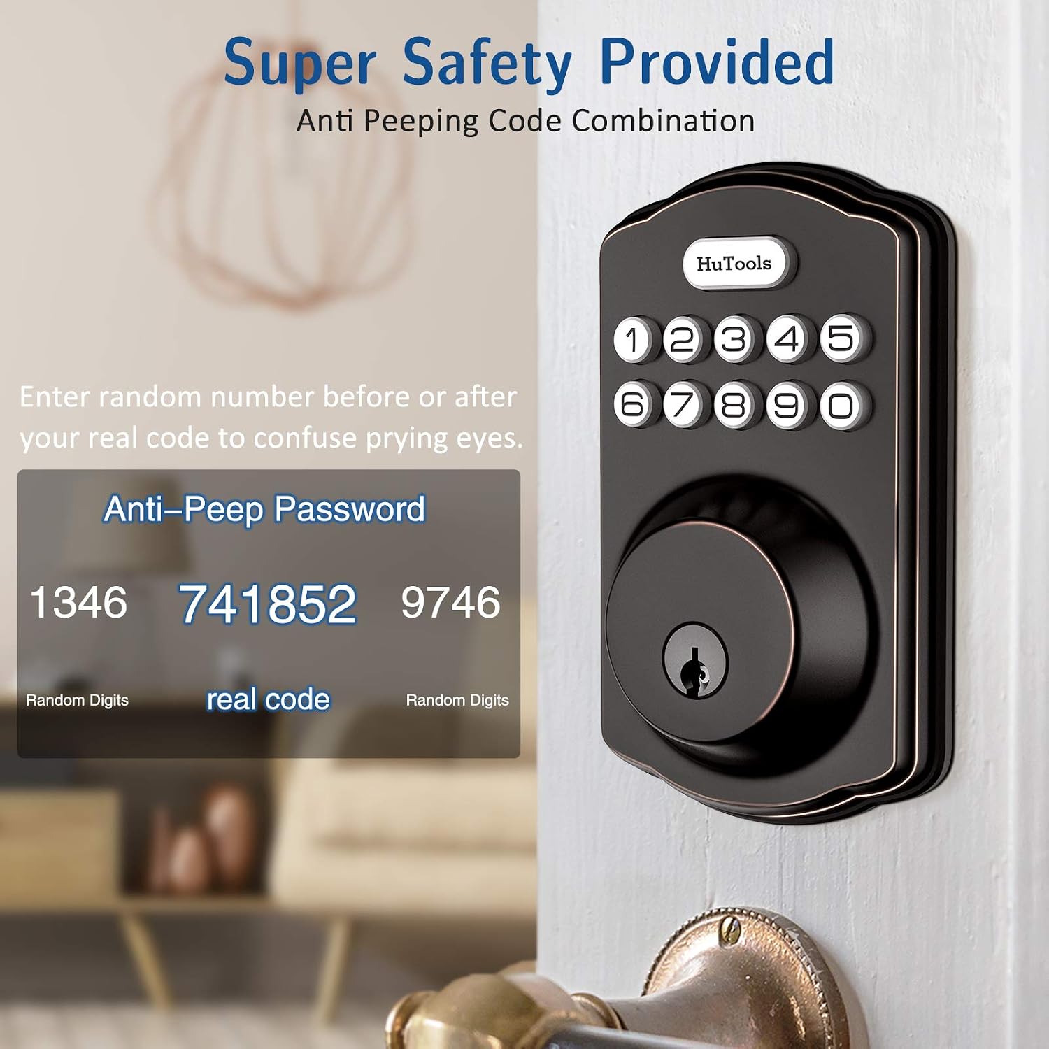 Keyless Entry Door Lock Deadbolt, Hutools Keypad Door Lock, Auto Lock Digital Back Lit Keypad, 20 User Codes, 1 Touch Lock, 1 Time Pin Code, Bronze