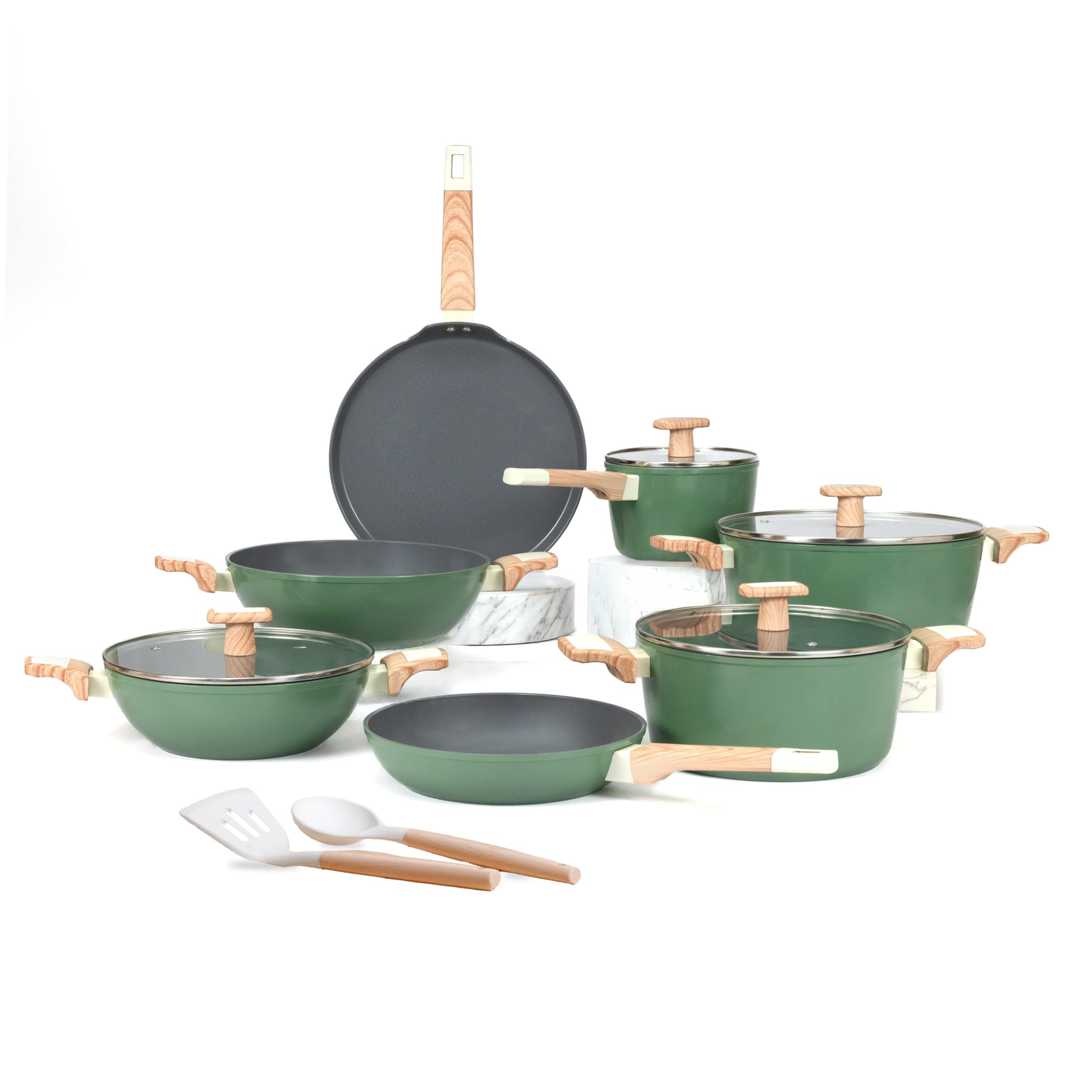 Kreme Ceracook Ceramic Coated, Granite 13 Pc Cookware Set 2X Spatulas, ISI Certified Cookware Set, Forged, Gas & Induction Use, Non Toxic PFAS & PTFE Free, 1 Year Warranty, Olive Green