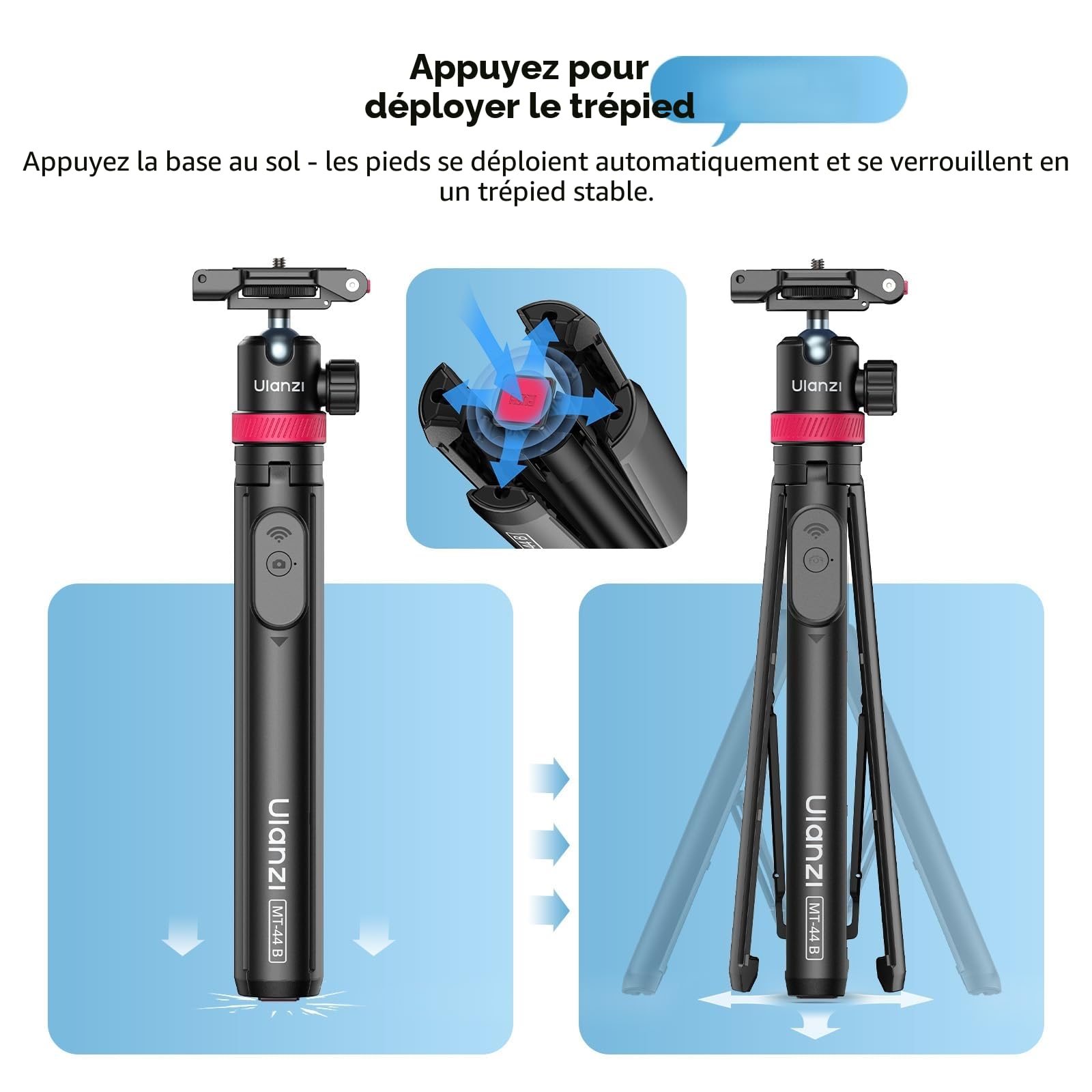 ULANZI MT-44 B Trépied Quadruple Double Support à Ouverture Automatique, Perche à Selfie 150cm avec Télécommande, Rotule 360°, Filetage 1/4", Compatible avec iPhone Samsung Caméra DSLR