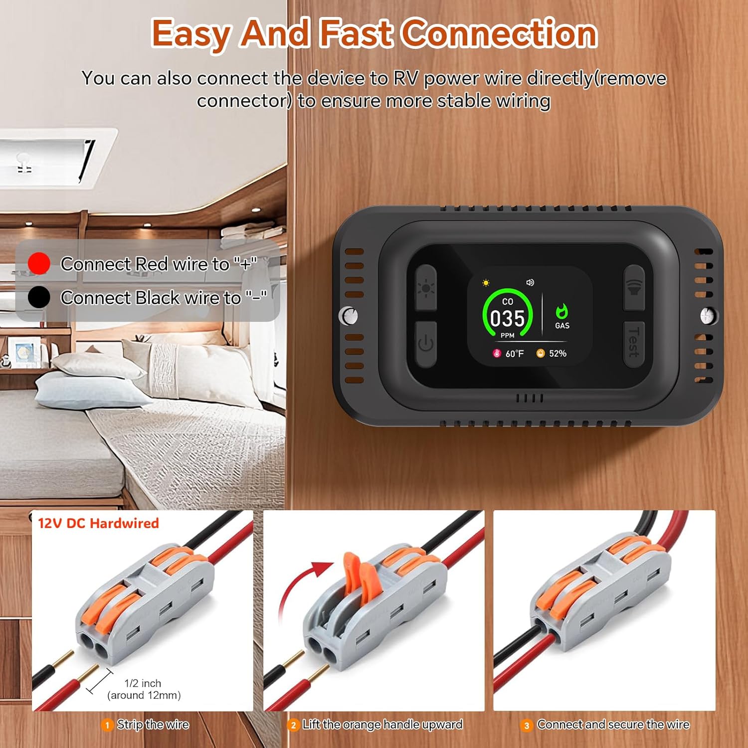 Carbon Monoxide Detector, 4 in 1 RV Carbon Monoxide & Propane Gas Detector, 12V DC Supply & HD Colorful Display & 360° Rotatable Screen, CO/LPG Gas Leak Alarm for RV, Motorhome, Camper, Trailer, Black