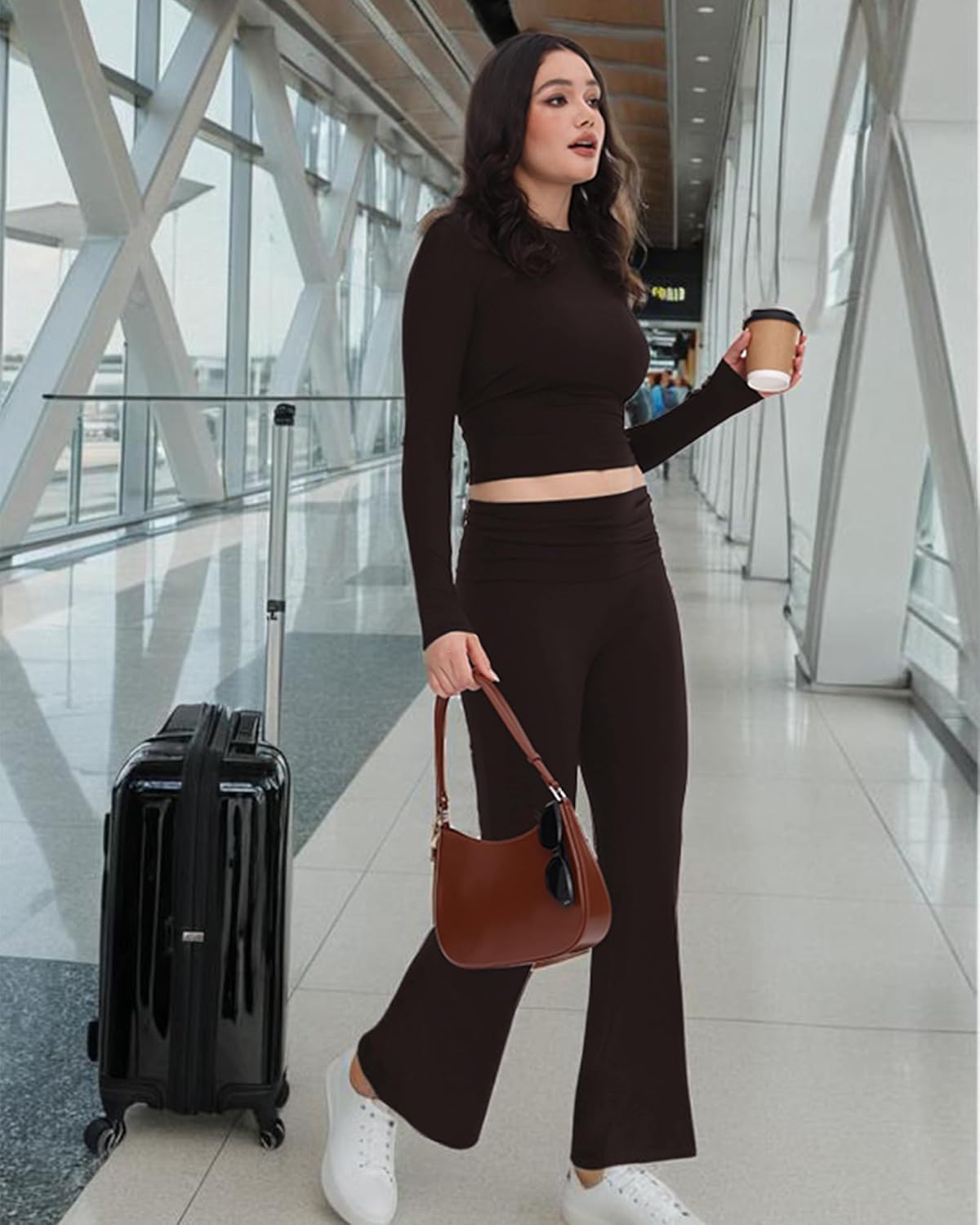 ZOOSIXX Lounge Sets for Women - 2 Piece Outfits Crop Tops with Fold Over Flare Leggings Fall Loungewear Fitted Pajama Sets - Image 3