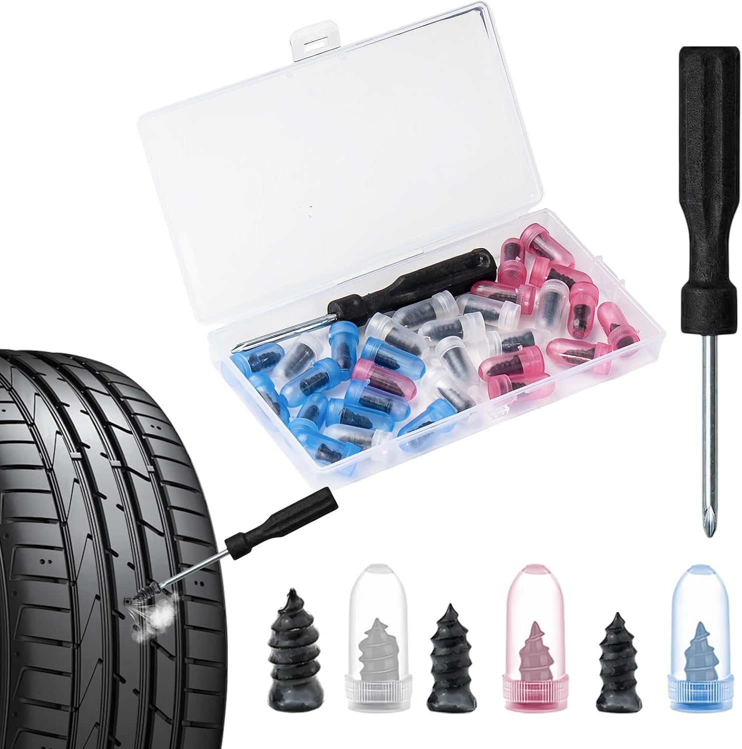 31 PCS Tire Repair Rubber Nail Kit, Tire Repair Screws with Screwdriver, Self-Service Spiral Plugs for Car Truck Motorcycle Tractor Puncture Fix (30 Screws + 1 Tool)