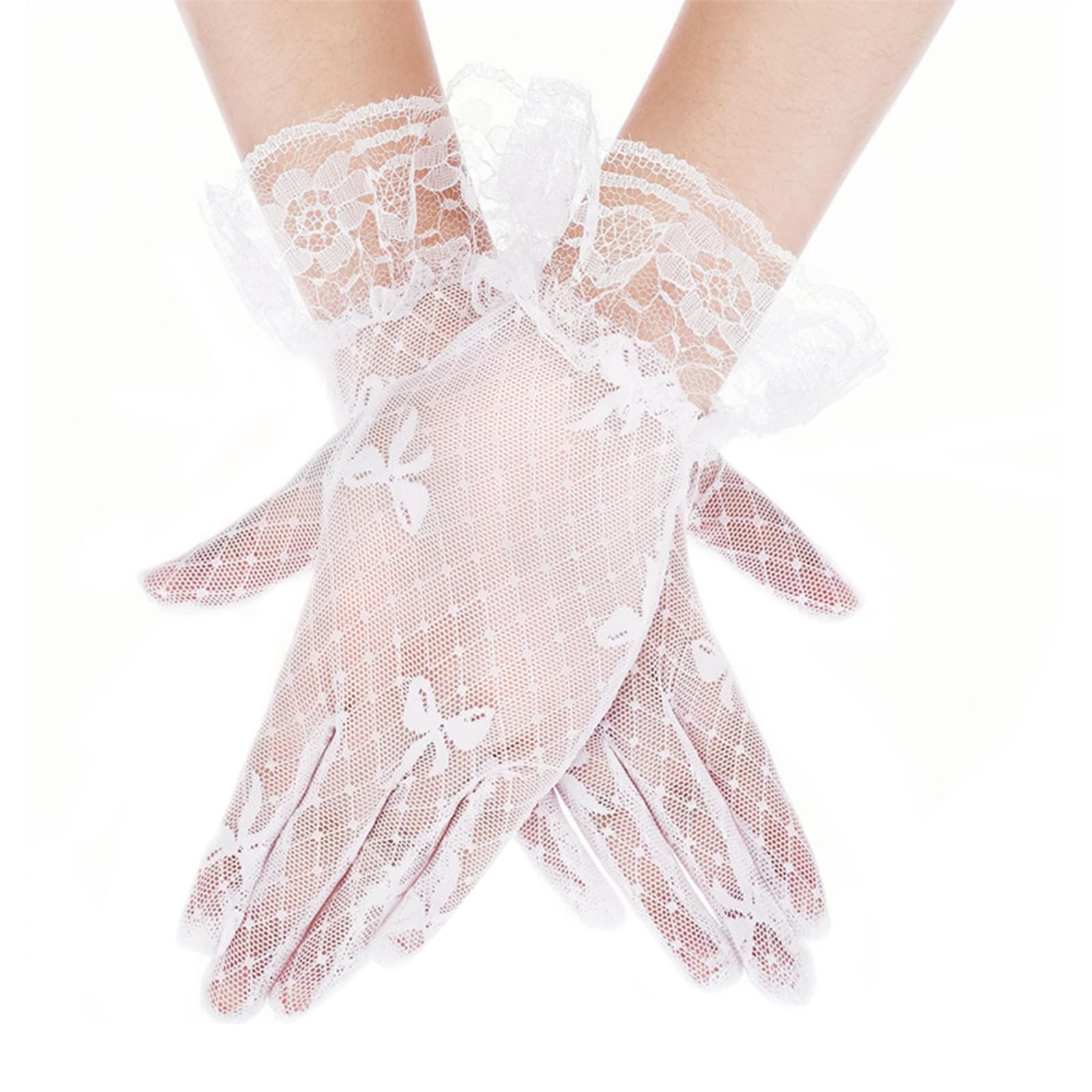 Azonelife 1 Pares Guantes Cortos de Encaje Elegantes Mujer, Guantes Florales de Novia Malla, Elegantes Guantes de Cortesía Encaje para Bodas Fiesta de Té Bailes Halloween Disfraces Accesorios