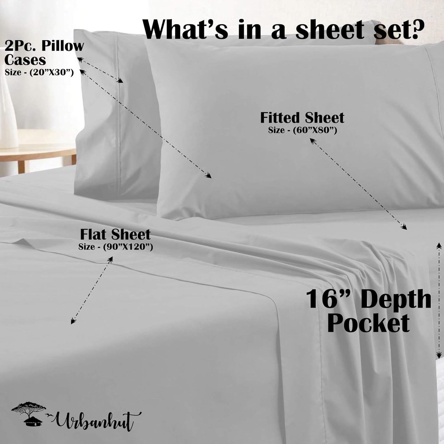 Natural Egyptian Cotton Sheets Queen-Size - 1000 Thread Count Sateen Weave, Luxurious 4 Piece Silver Grey Bed Set, Long Staple Cotton Breathable Sheets, 16 Inch Elasticized Deep Pocket : Home & Kitchen